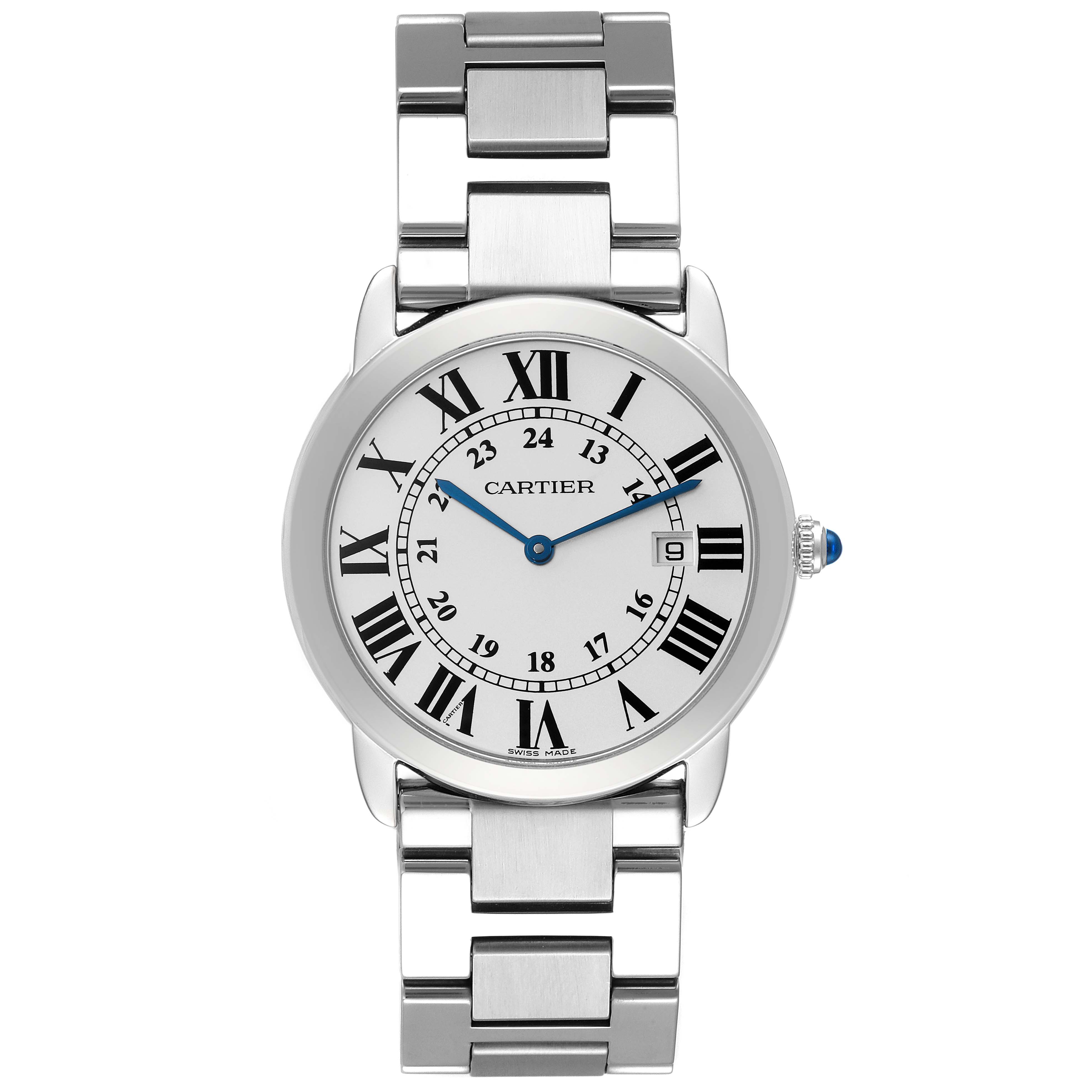The Cartier Ronde W6701005 Men
s Stainless Steel Silver Dial W6701005 Men
s Stainless Steel Silver Dial watch is shown from a front angle, featuring the dial, bezel, crown, and bracelet.