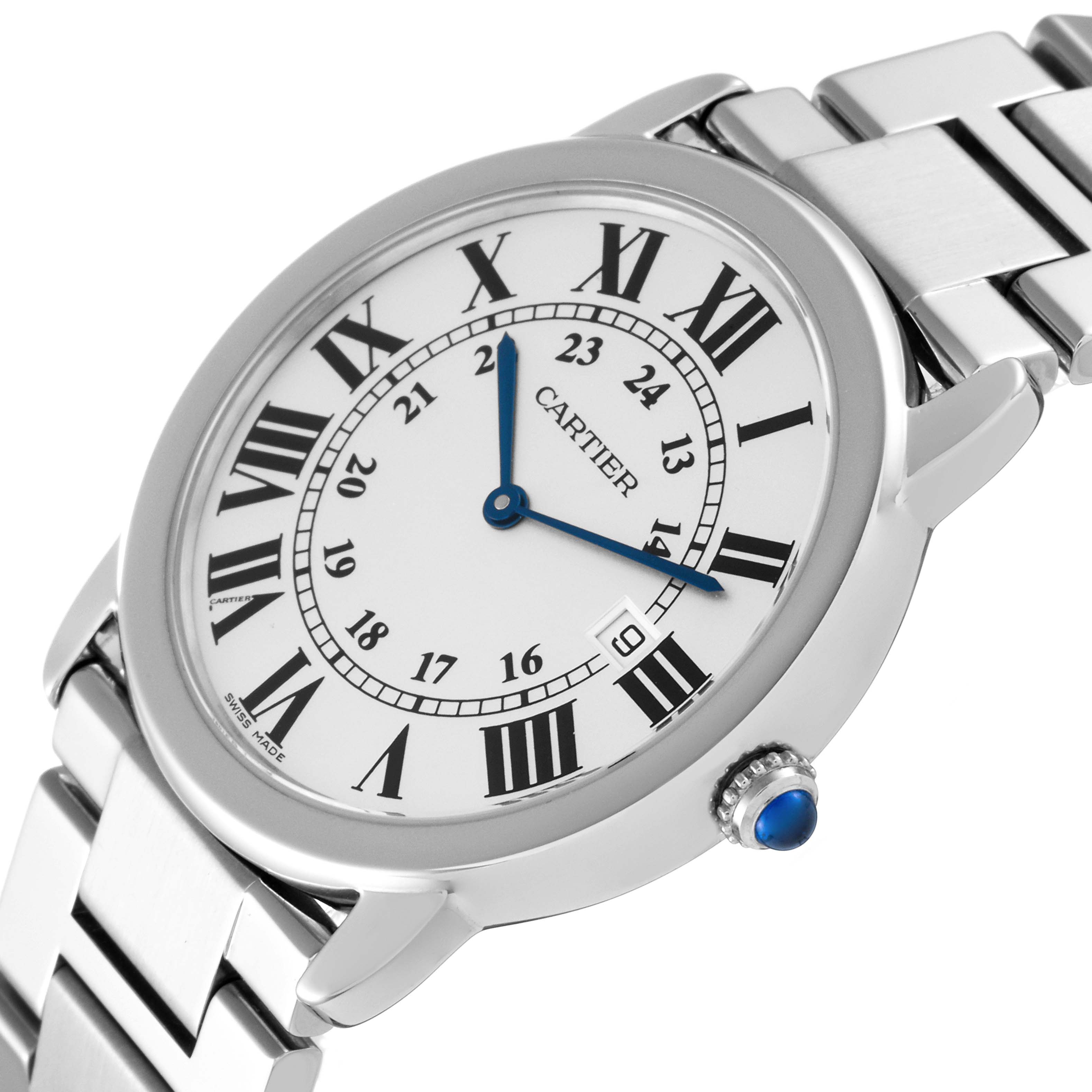 The Cartier Ronde W6701005 Men
s Stainless Steel Silver Dial W6701005 Men
s Stainless Steel Silver Dial model watch is shown at an angled view, displaying the face, bezel, and part of the bracelet.