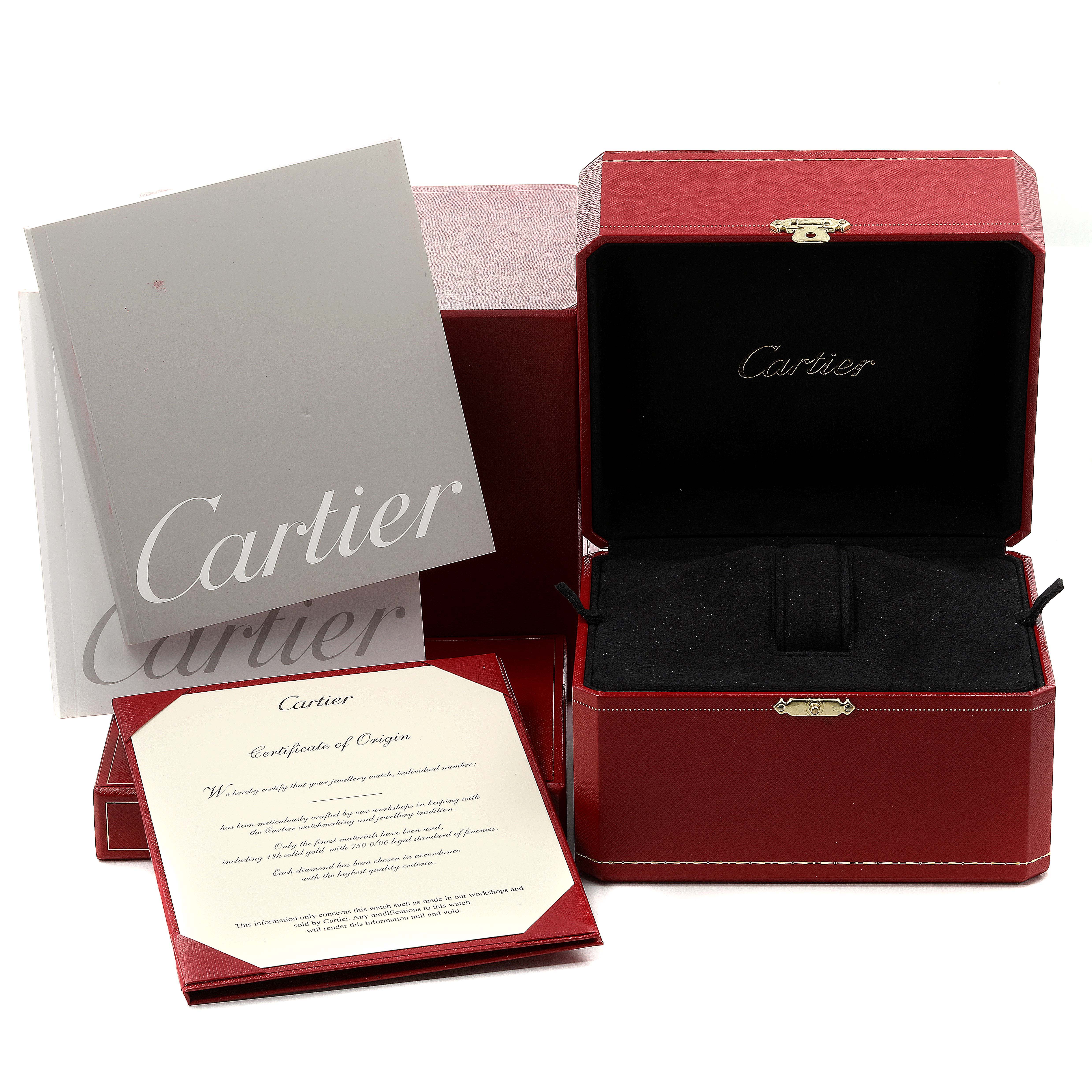 This image shows the packaging and accessories for the Cartier Santos Demoiselle WF9005Y8 Women's White Gold Silver Dial WF9005Y8 Women's White Gold Silver Dial watch, including the box, manual, and certificate.