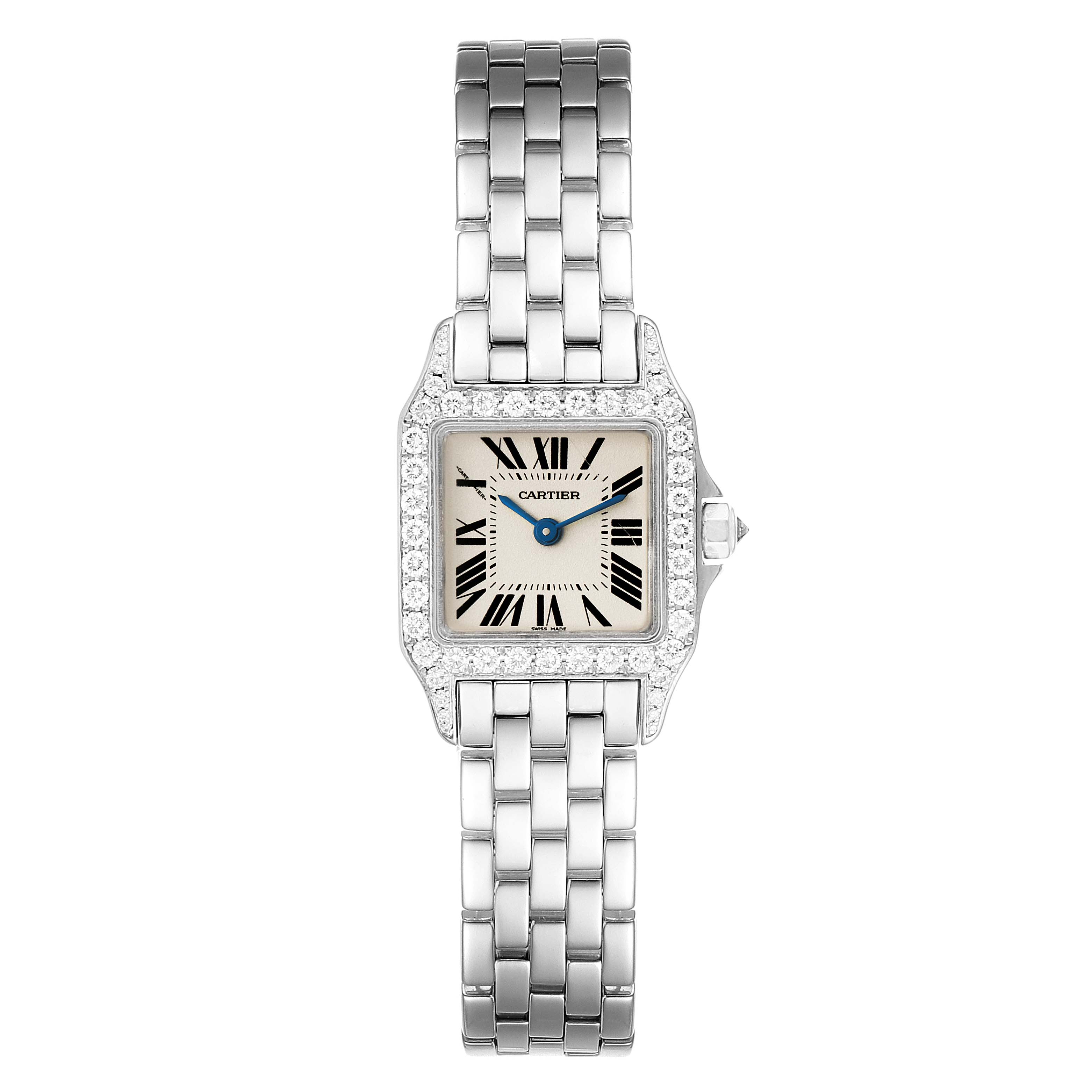 The image shows the Santos Demoiselle watch by Cartier, viewed from the front, displaying its face, bracelet, and diamond-set bezel.