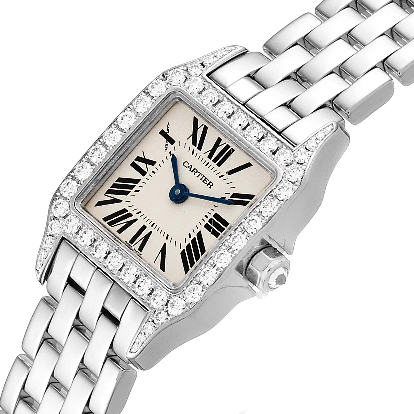 The image shows a close-up angle of the Cartier Santos Demoiselle WF9005Y8 Women's White Gold Silver Dial WF9005Y8 Women's White Gold Silver Dial watch, highlighting its diamond-set bezel, Roman numeral dial, and link bracelet.