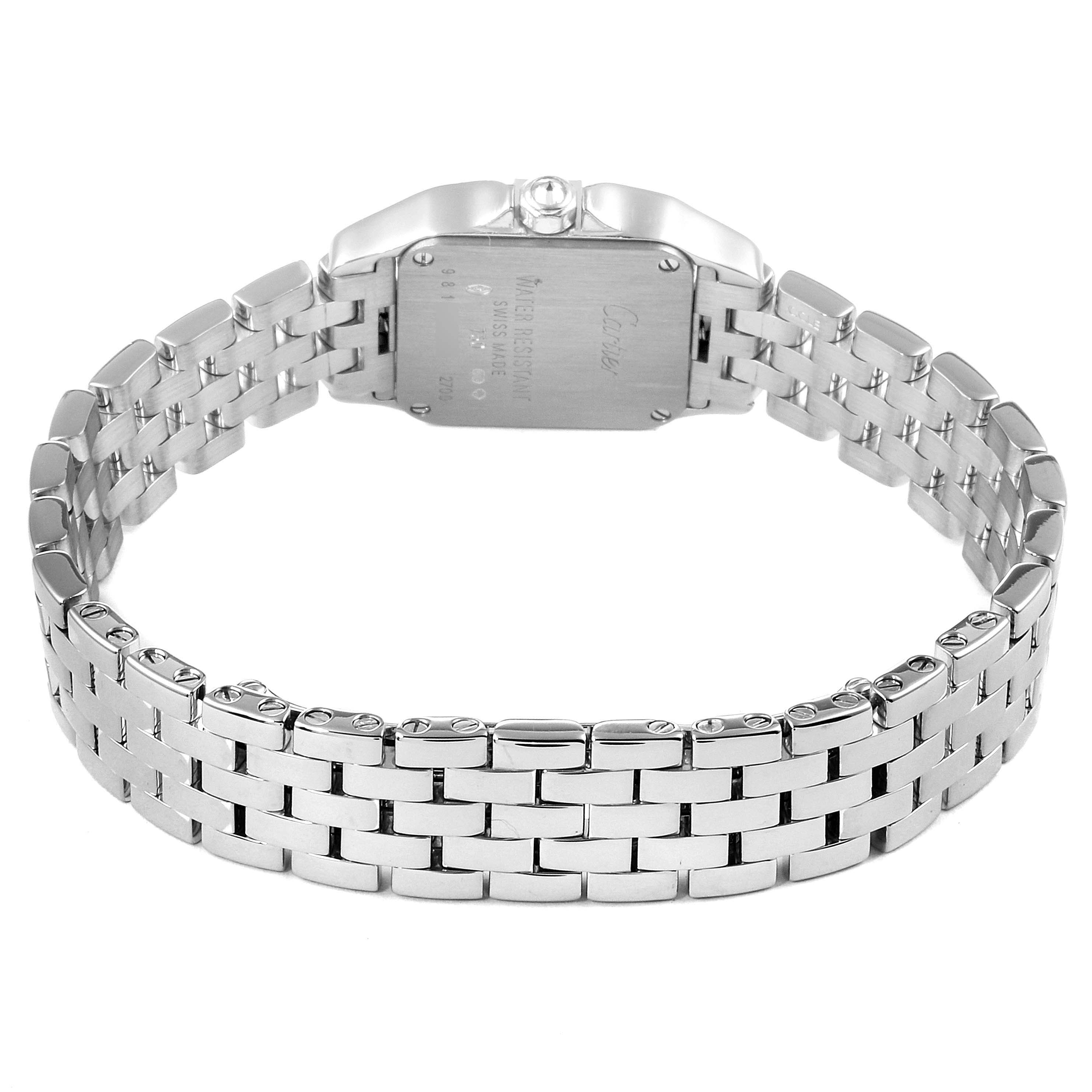 The Cartier Santos Demoiselle WF9005Y8 Women's White Gold Silver Dial WF9005Y8 Women's White Gold Silver Dial watch is shown from the back, highlighting the bracelet and case back.