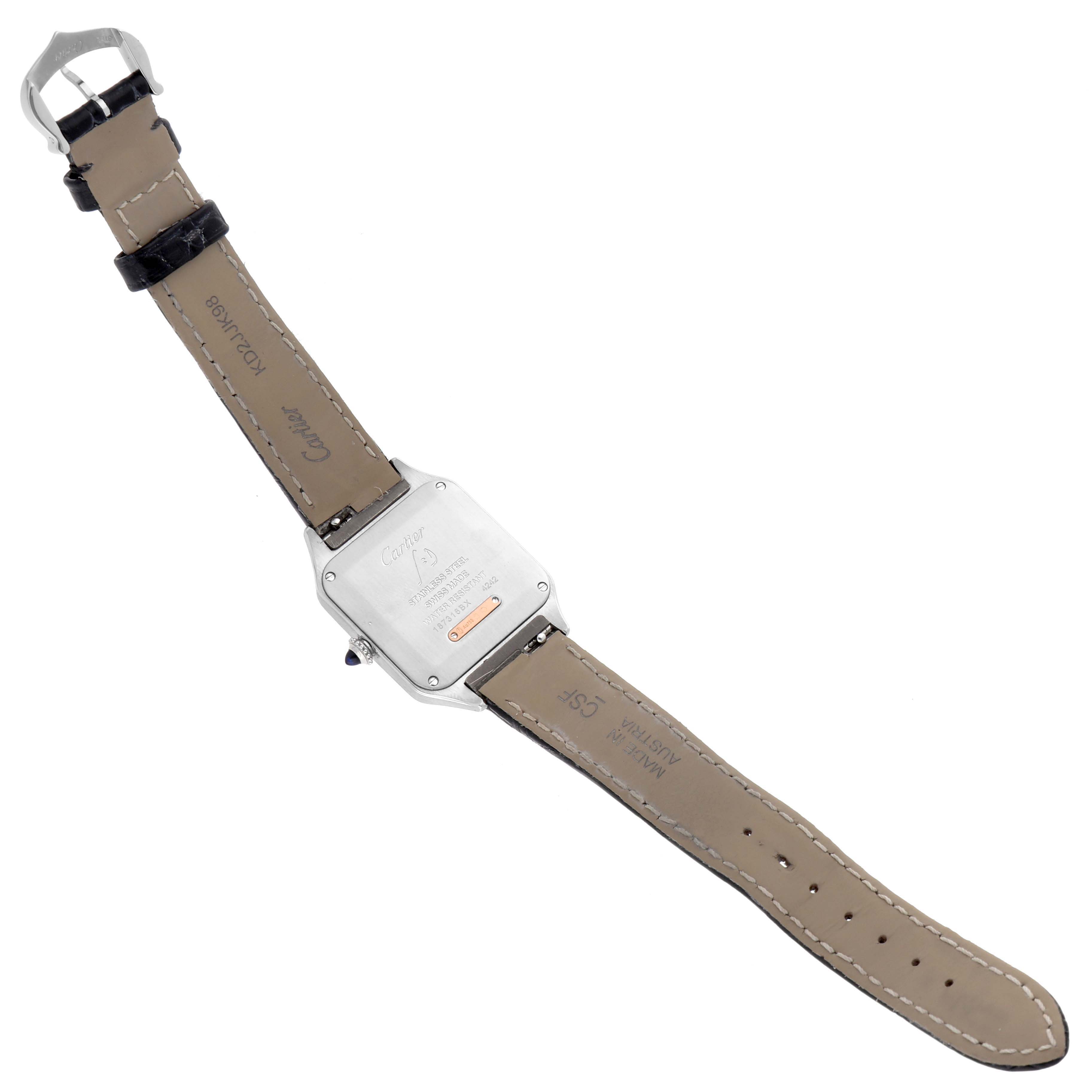 The image shows the back view of a Cartier Santos W2SA0012 Women's Steel and Gold (two tone) Silver Dial watch, displaying the case back and full leather strap.