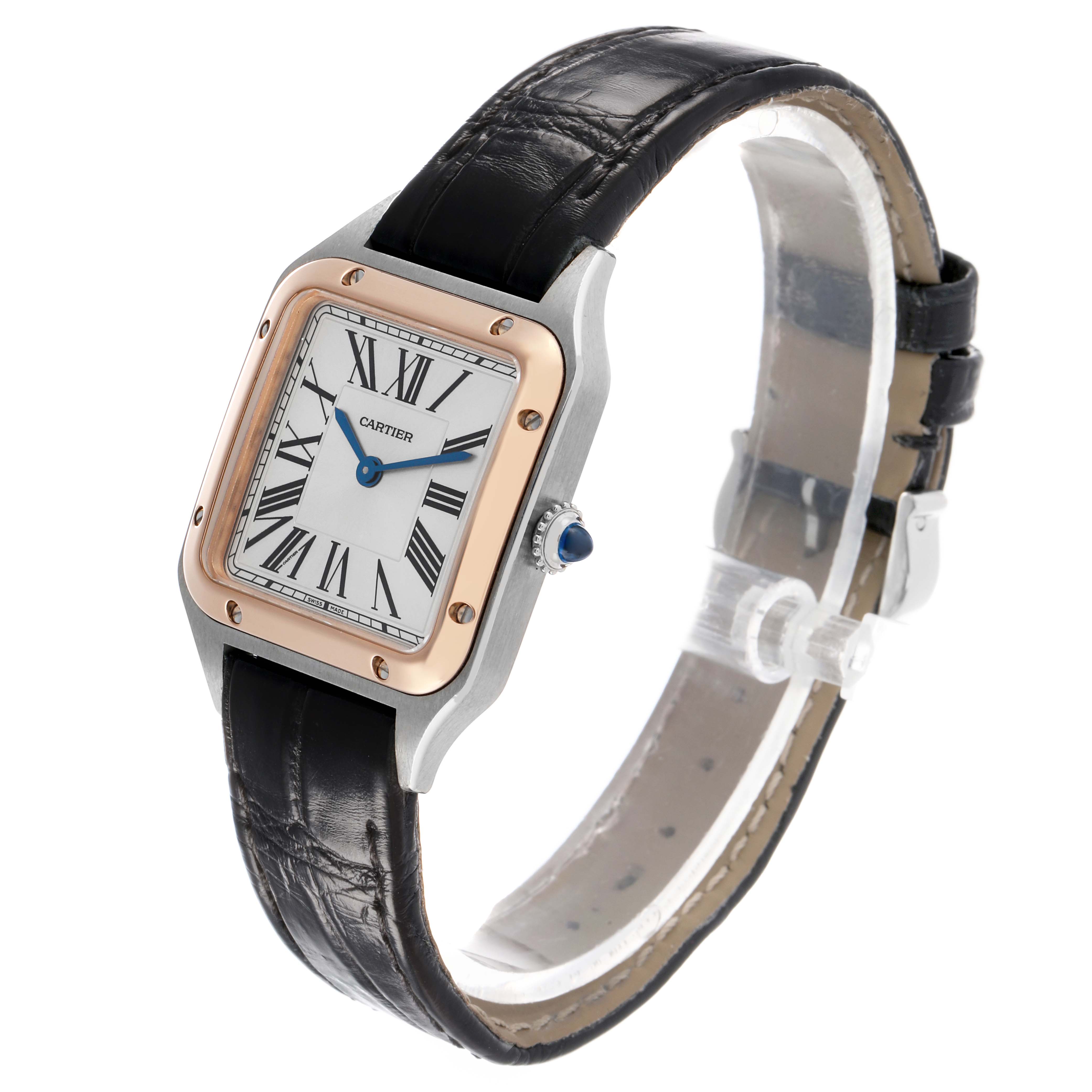The Cartier Santos W2SA0012 Women's Steel and Gold (two tone) Silver Dial watch is shown at a three-quarter angle, highlighting the dial, bezel, and leather strap.
