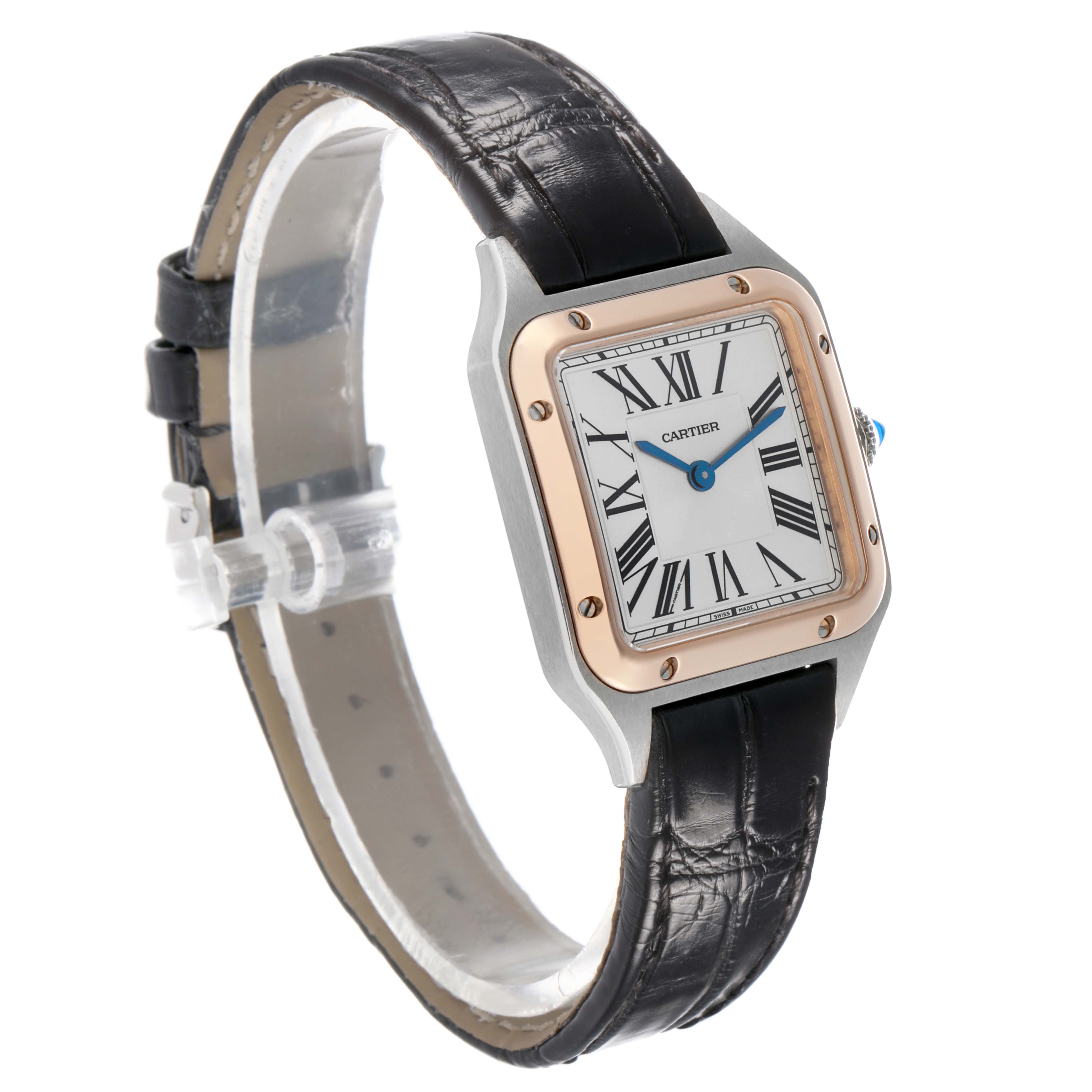 The Santos model by Cartier is shown at a three-quarter angle, highlighting the bezel, face, and leather strap.