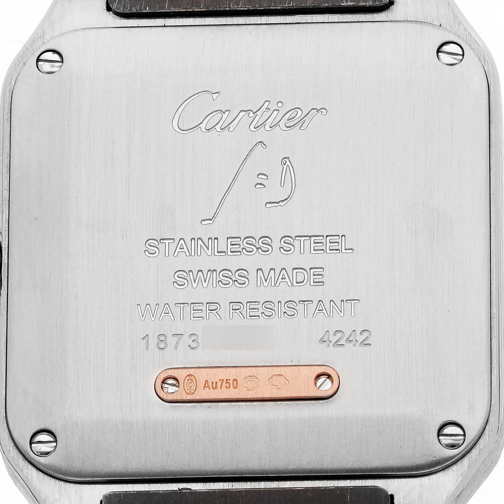 The image shows the back of a Cartier Santos W2SA0012 Women's Steel and Gold (two tone) Silver Dial watch, highlighting its stainless steel construction and water resistance.