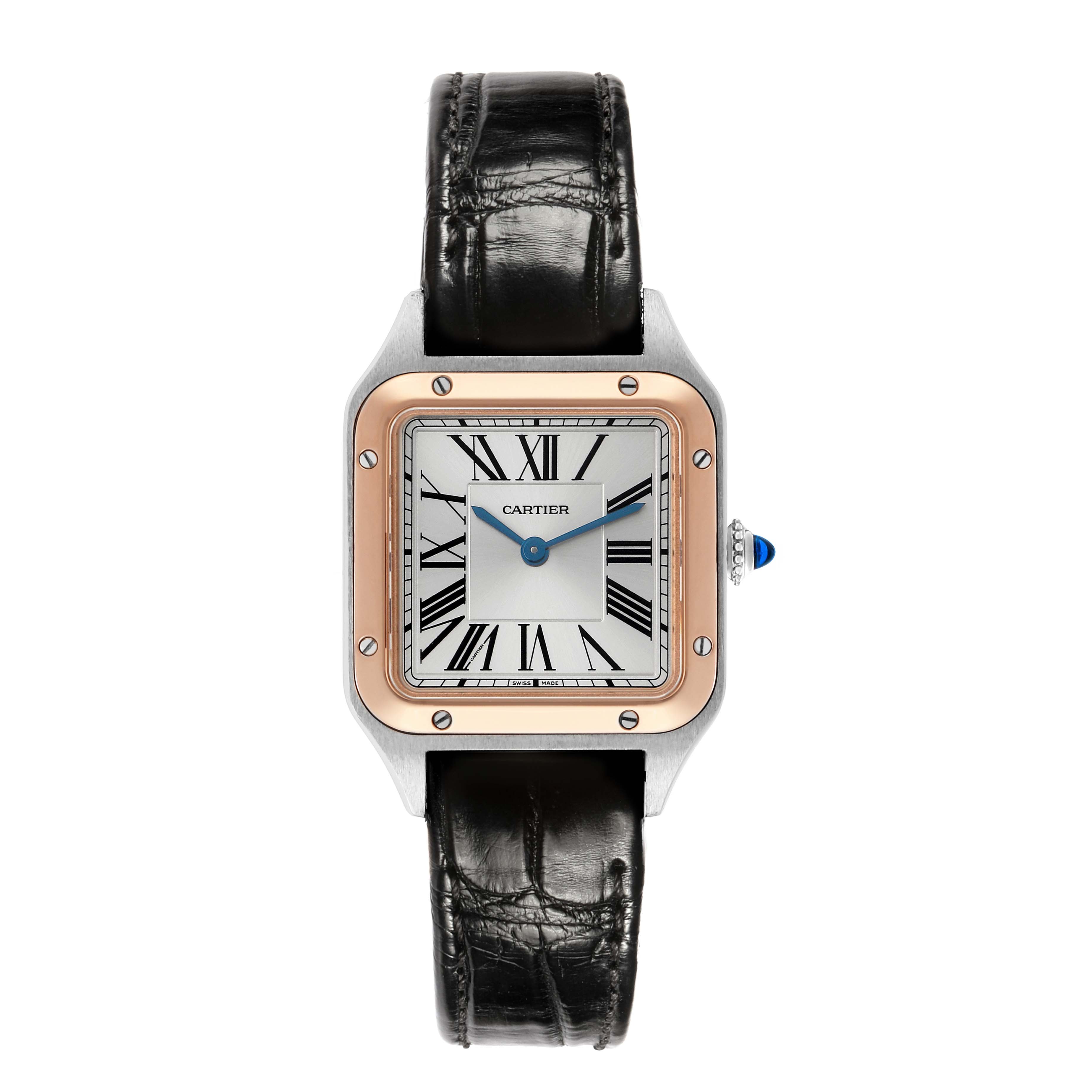 The Cartier Santos W2SA0012 Women's Steel and Gold (two tone) Silver Dial watch is shown from a top-down angle, highlighting its square face, Roman numerals, and leather strap.