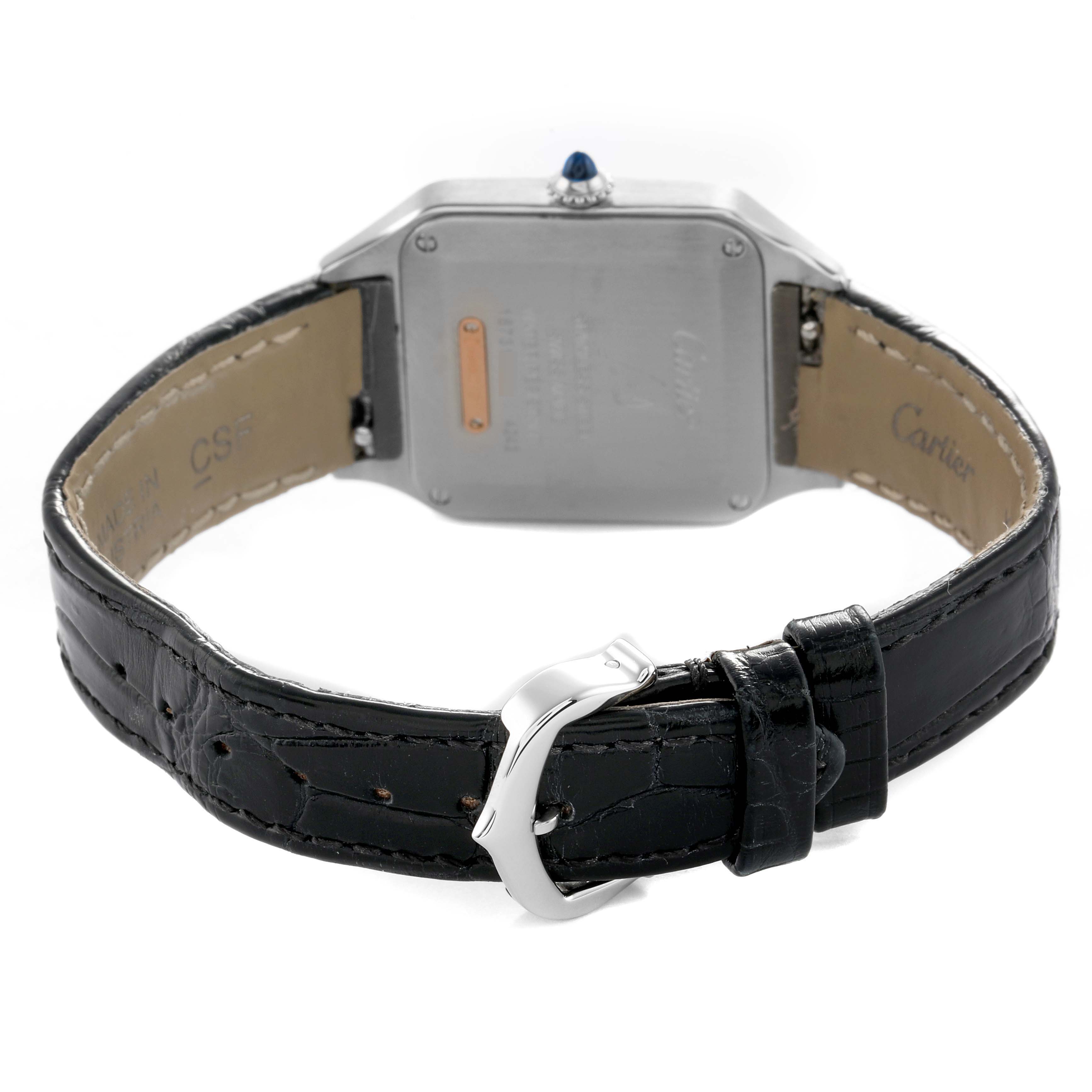 The image shows the back of a Cartier Santos W2SA0012 Women's Steel and Gold (two tone) Silver Dial watch, highlighting the clasp, leather strap, case back, and crown.
