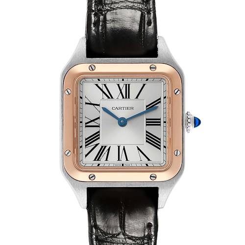 The Cartier Santos W2SA0012 Women's Steel and Gold (two tone) Silver Dial model is shown from the front, highlighting its square face, Roman numerals, gold bezel, and leather strap.