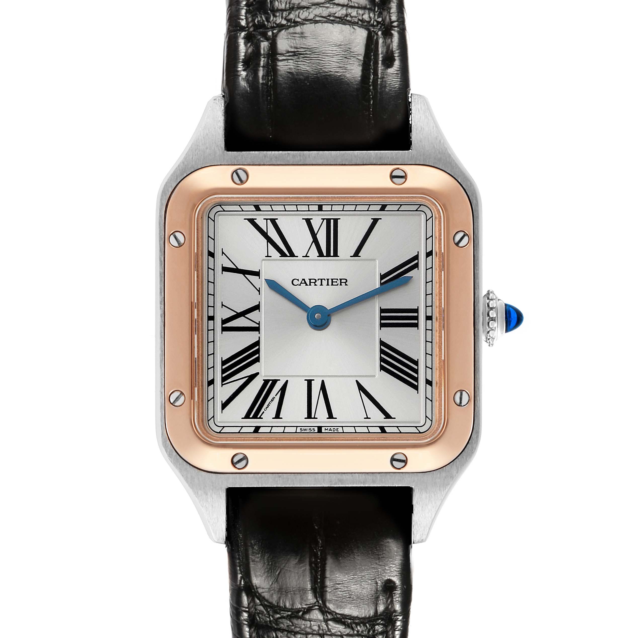 The Cartier Santos W2SA0012 Women's Steel and Gold (two tone) Silver Dial watch is shown from the front, highlighting the Roman numeral dial, bezel, and part of the leather strap.