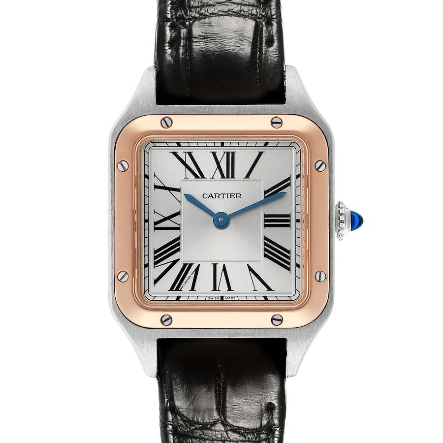 The Cartier Santos W2SA0012 Women's Steel and Gold (two tone) Silver Dial watch is shown from the front, highlighting the Roman numeral dial, bezel, and part of the leather strap.