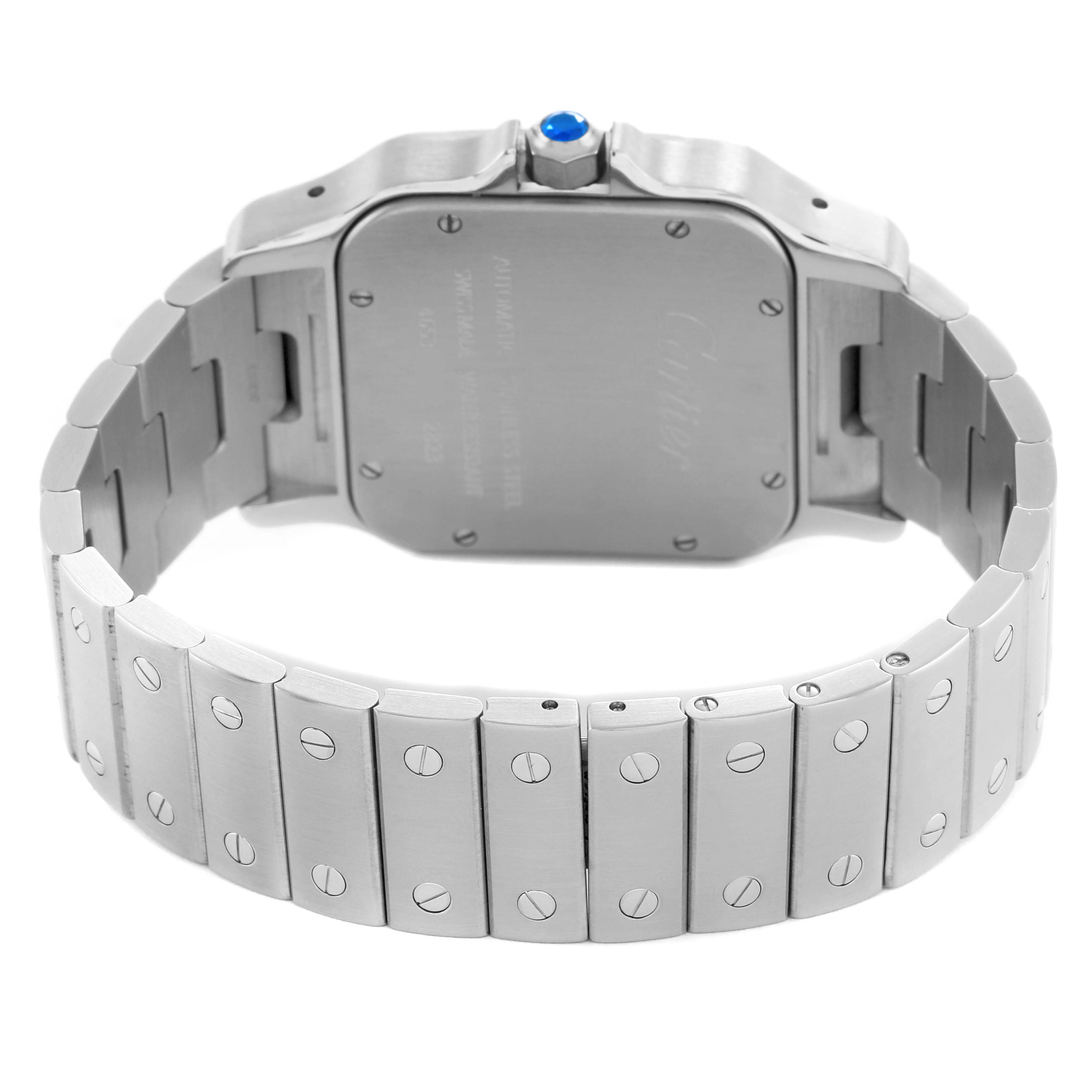 The image shows the back view of a Cartier Santos W20098D6 Men's Stainless Steel Silver Dial watch, highlighting the stainless steel bracelet and case back.