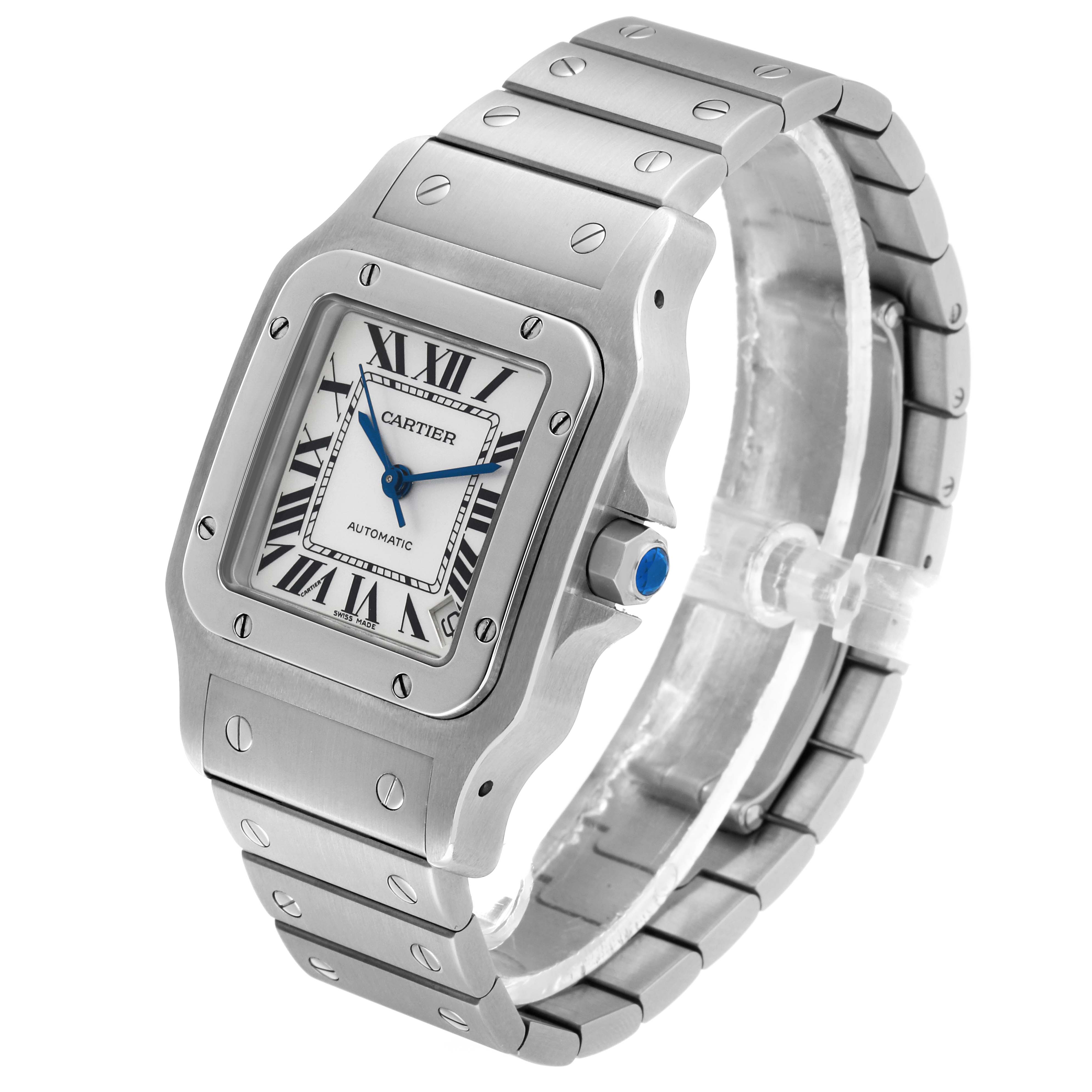 The Cartier Santos W20098D6 Men's Stainless Steel Silver Dial watch is shown at a three-quarter angle, displaying the face, bezel, and bracelet.