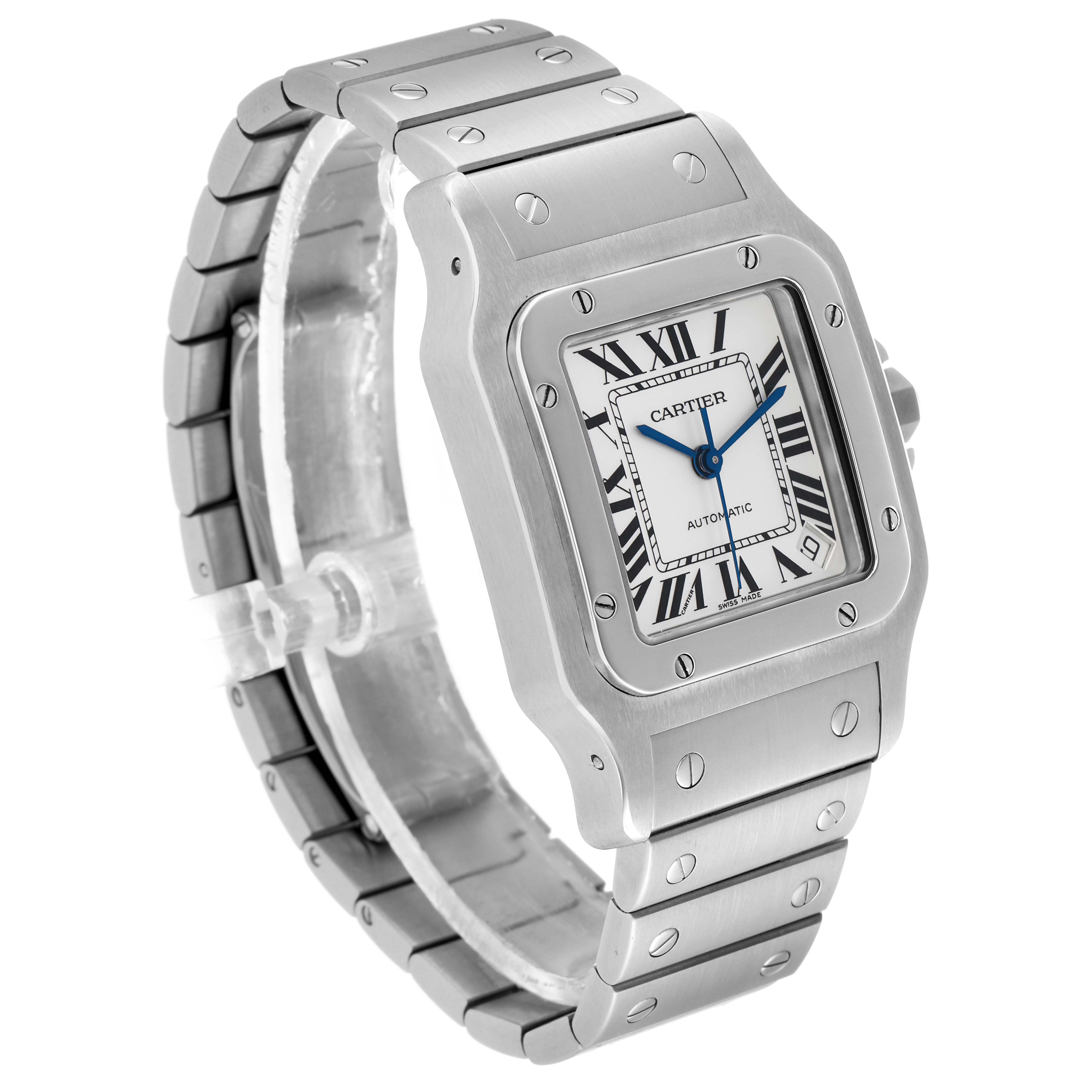 The Cartier Santos W20098D6 Men's Stainless Steel Silver Dial watch is shown at a three-quarter angle, highlighting its face, bezel, and metal bracelet.