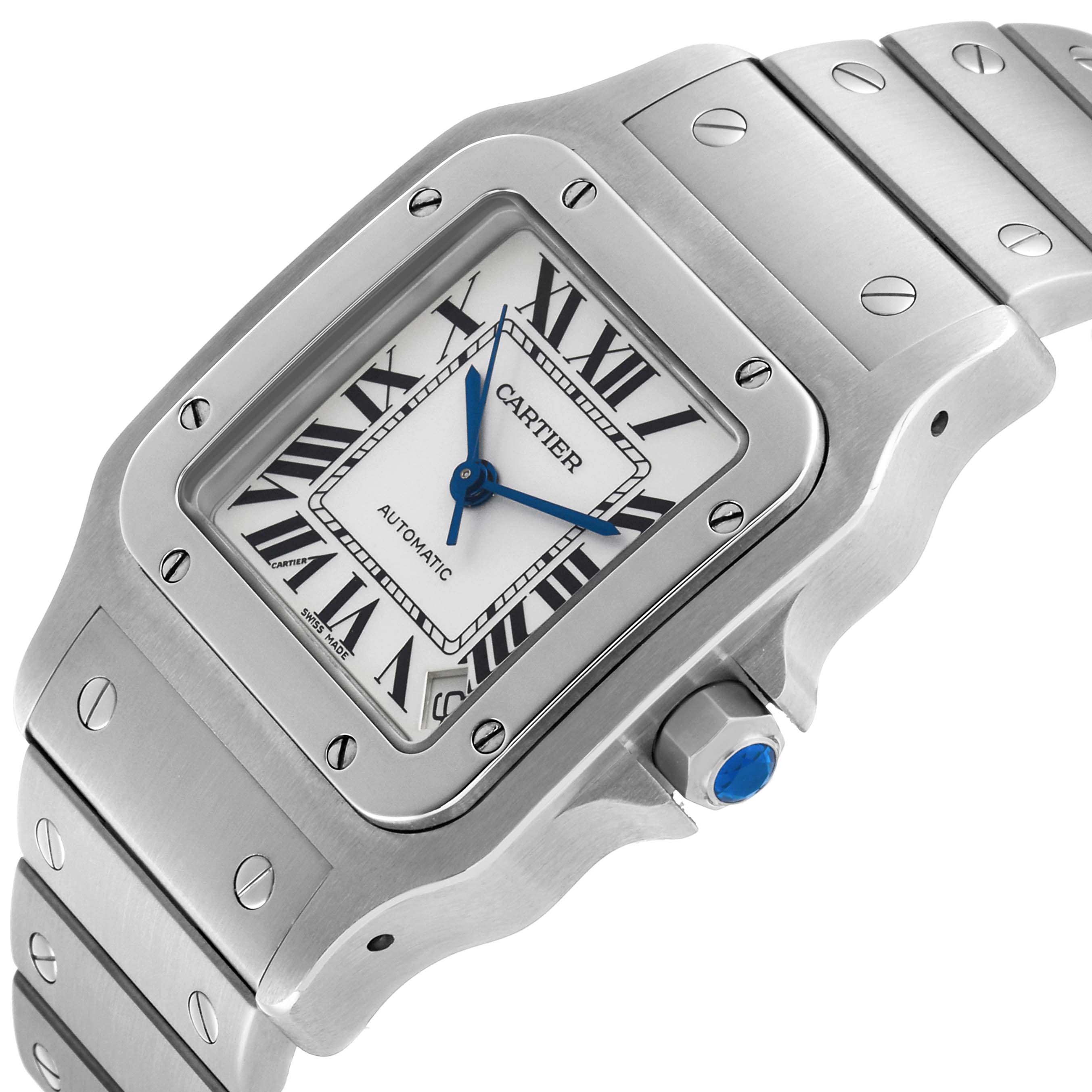 The Cartier Santos W20098D6 Men's Stainless Steel Silver Dial watch is shown at an angle, highlighting the dial, bezel, screws, and bracelet.