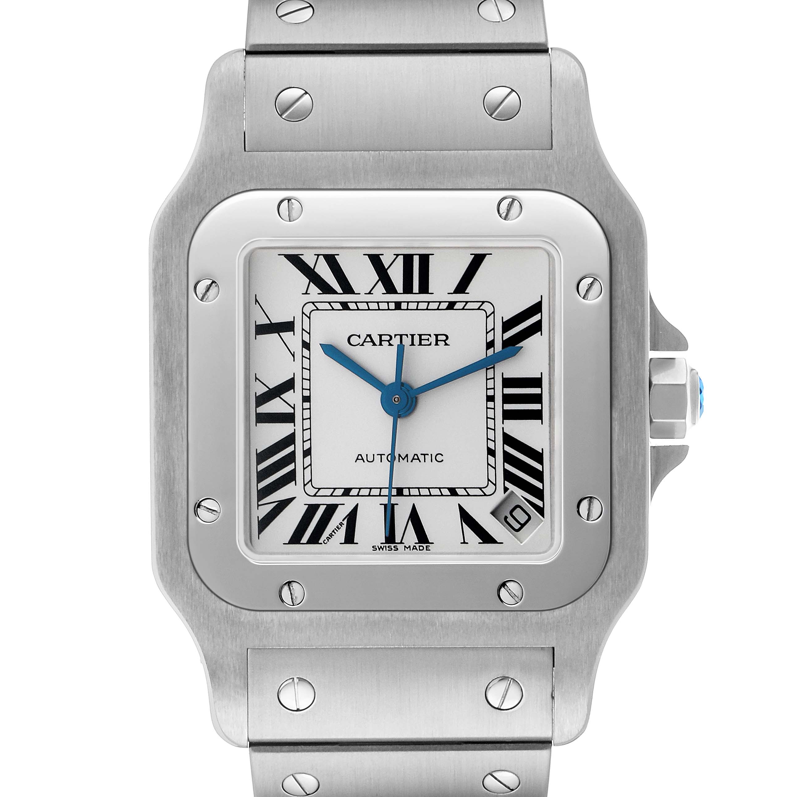 The Cartier Santos W20098D6 Men's Stainless Steel Silver Dial watch is shown from a front angle, highlighting the face, case, and part of the bracelet.