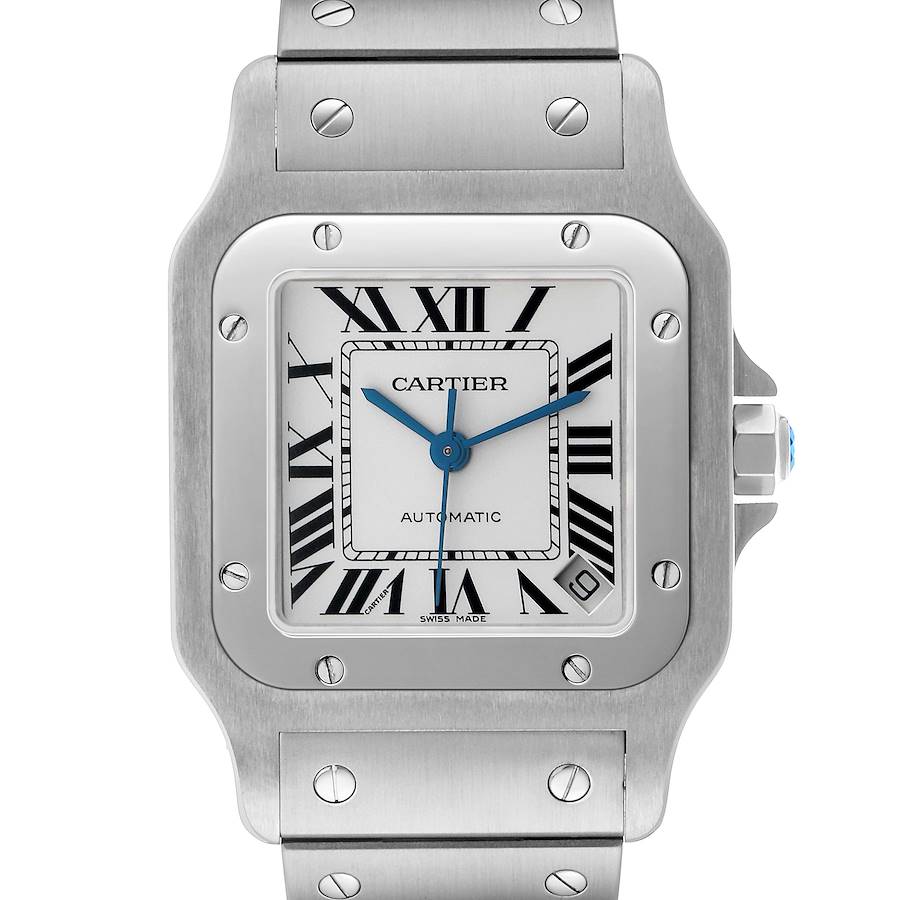 The Cartier Santos W20098D6 Men's Stainless Steel Silver Dial watch is shown from a front angle, highlighting the face, case, and part of the bracelet.