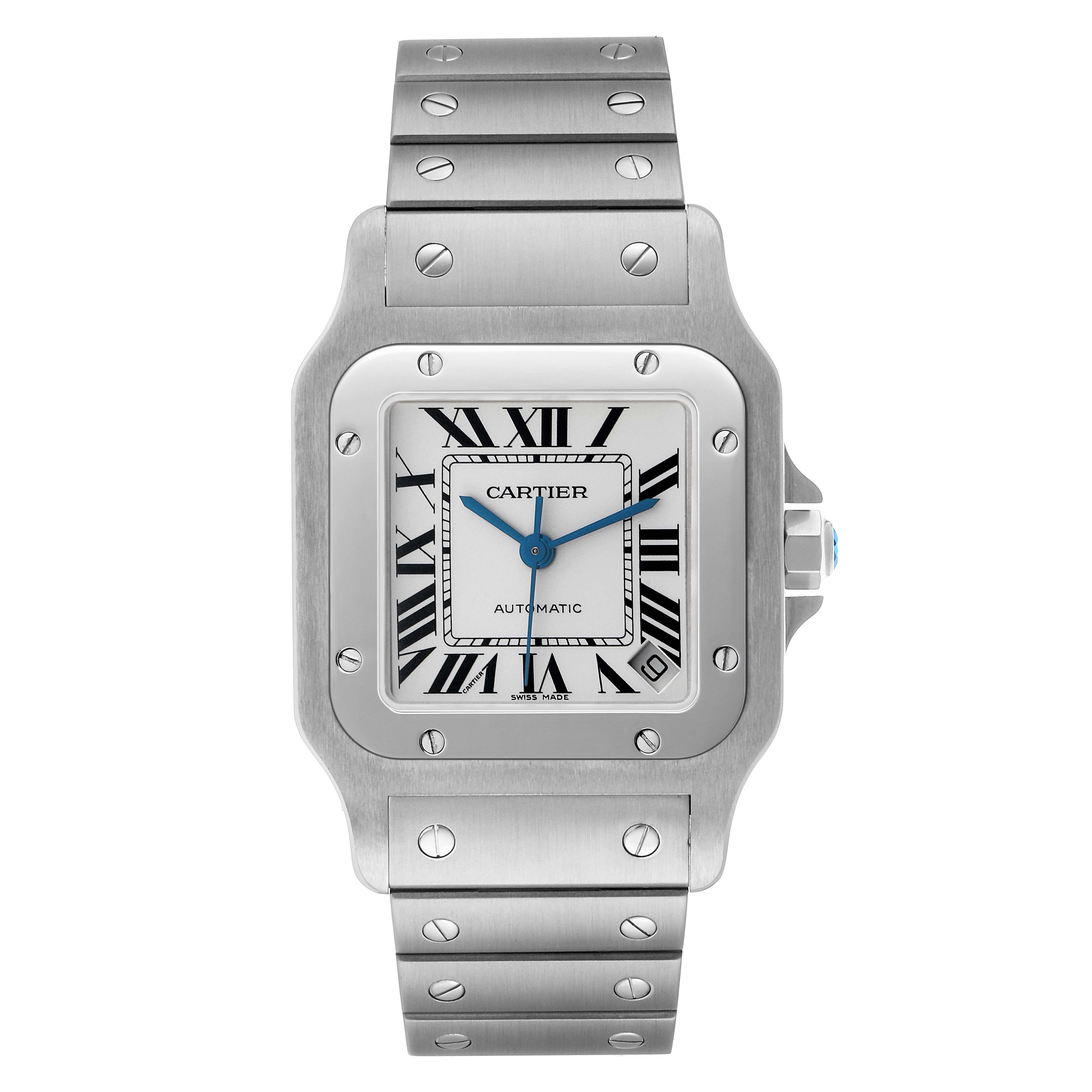 The Cartier Santos W20098D6 Men's Stainless Steel Silver Dial watch is shown from the front, displaying its dial, case, bezel, bracelet, and crown.