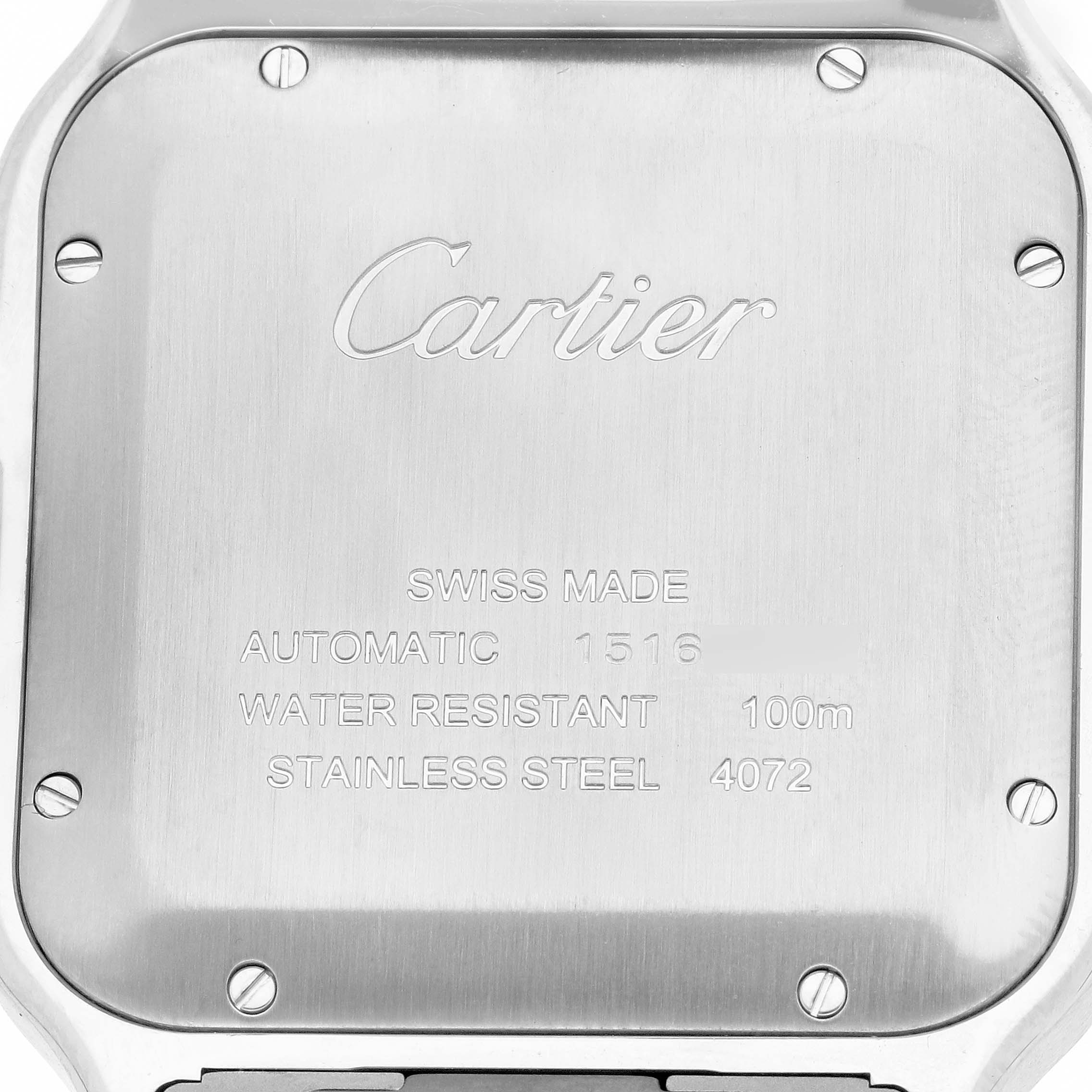 The image shows the back casing of a Cartier Santos W2SA0006 Men's Steel and Gold (two tone) Silver Dial watch, featuring engraved specifications and screws.