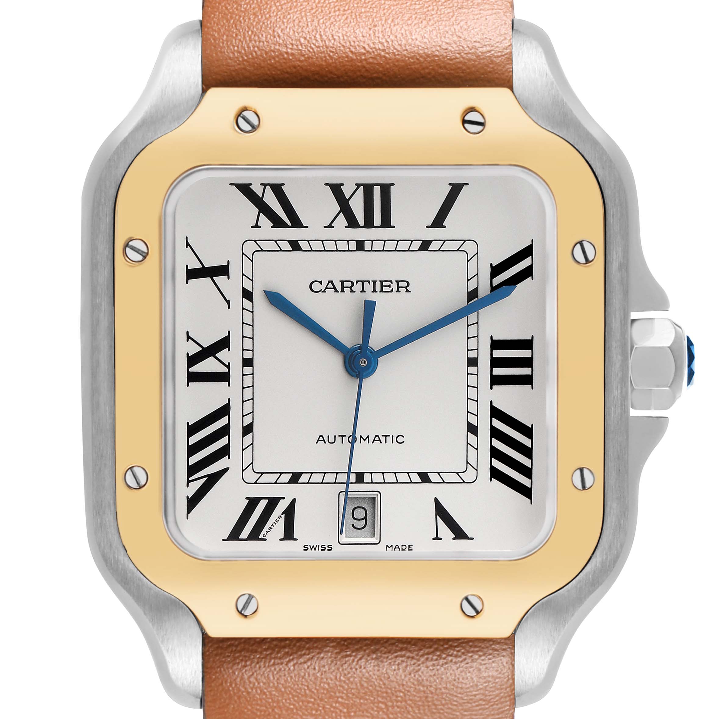 The image shows a front view of the Cartier Santos W2SA0006 Men's Steel and Gold (two tone) Silver Dial watch, featuring its dial, case, and brown leather strap.
