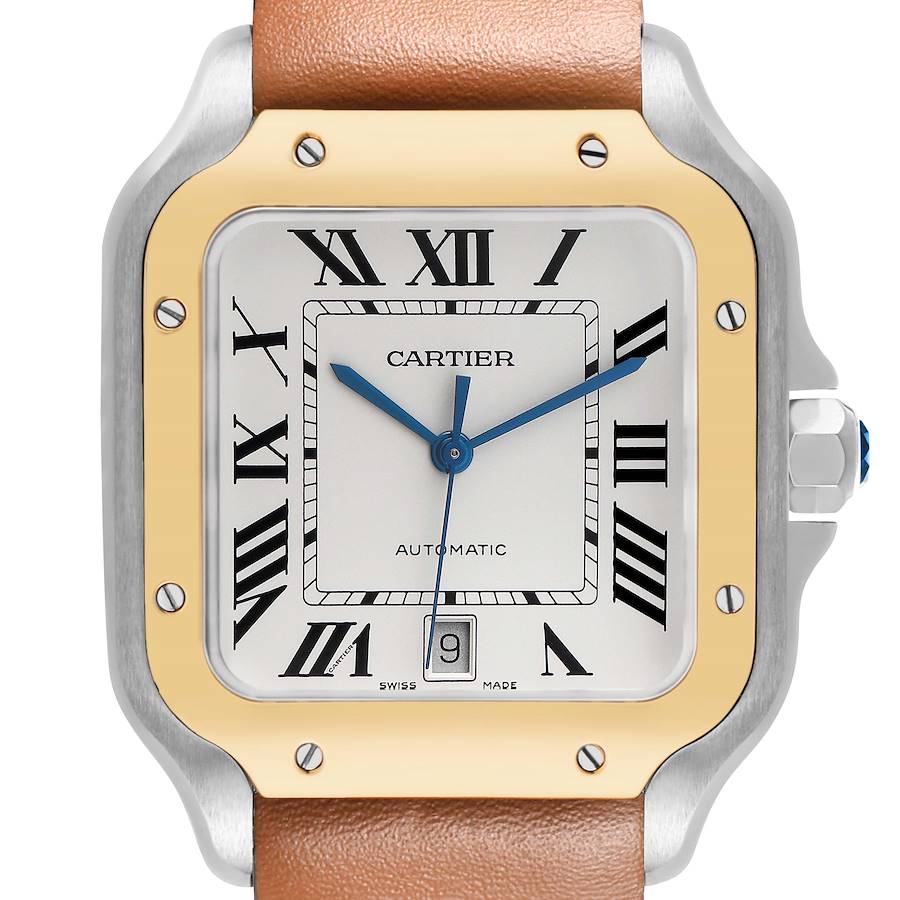 The image shows a front view of the Cartier Santos W2SA0006 Men's Steel and Gold (two tone) Silver Dial watch, featuring its dial, case, and brown leather strap.