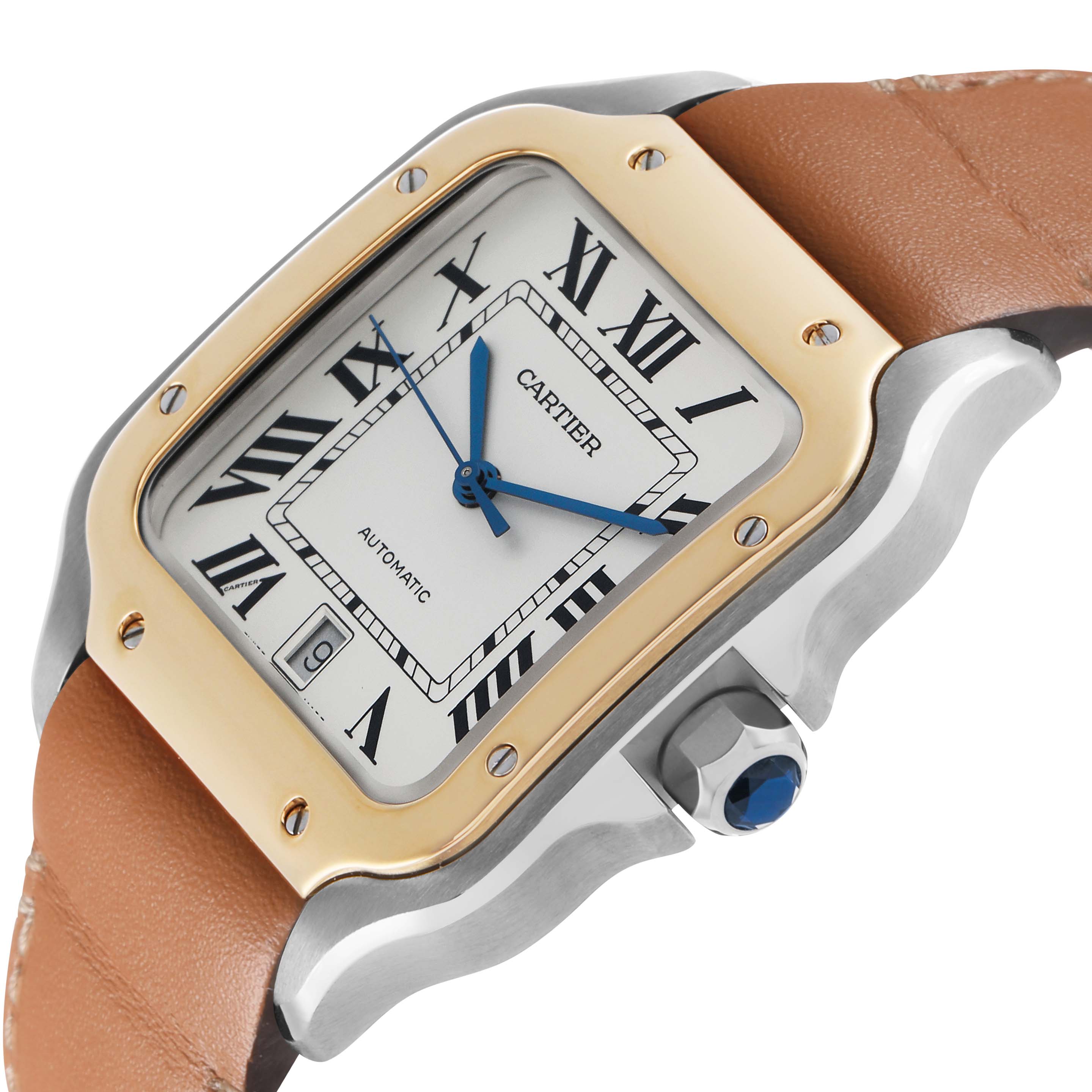 The Cartier Santos W2SA0006 Men's Steel and Gold (two tone) Silver Dial watch is shown at an angle highlighting its face, bezel, crown, and leather strap.