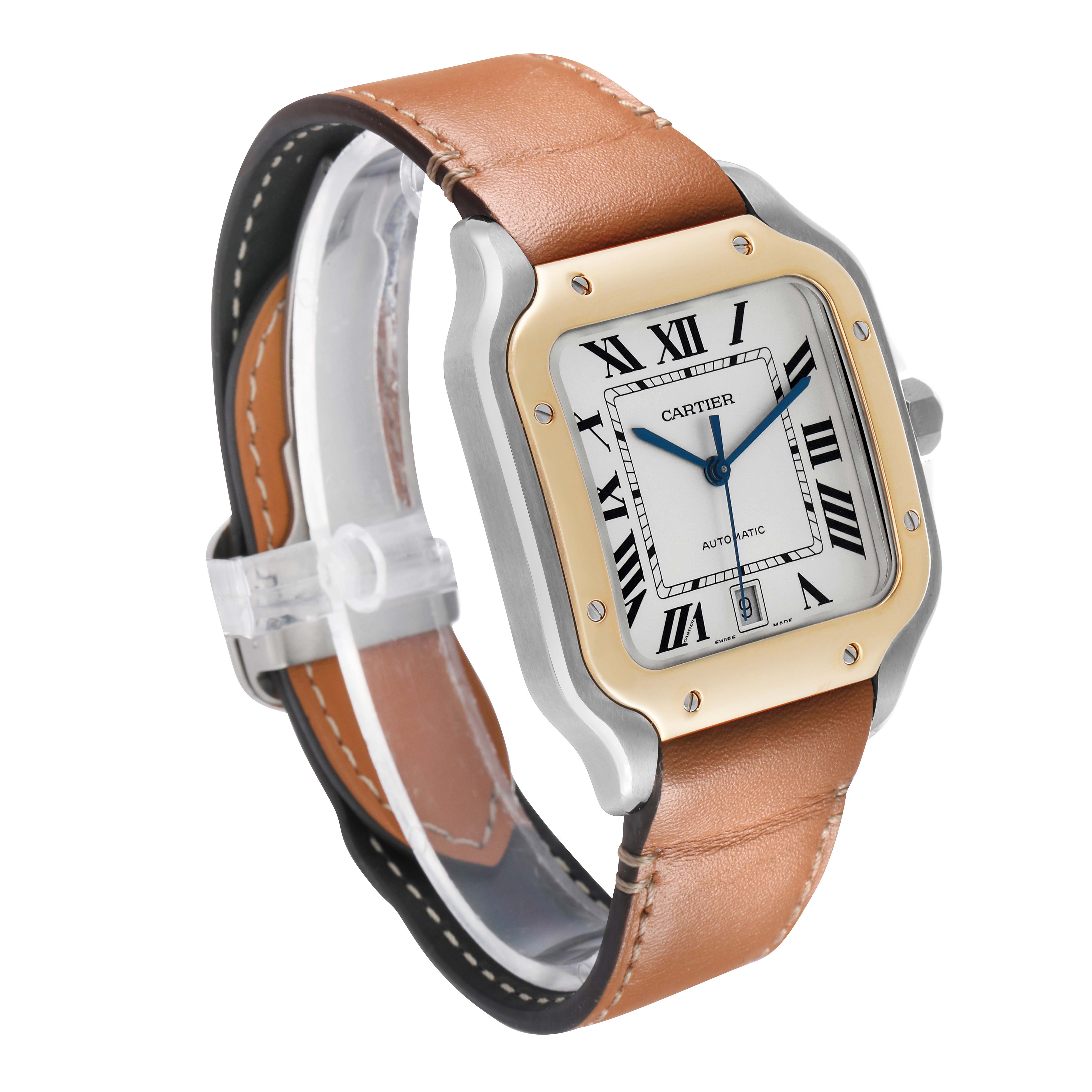 The Cartier Santos W2SA0006 Men's Steel and Gold (two tone) Silver Dial watch is shown at a three-quarter angle, highlighting the face, bezel, and leather strap.