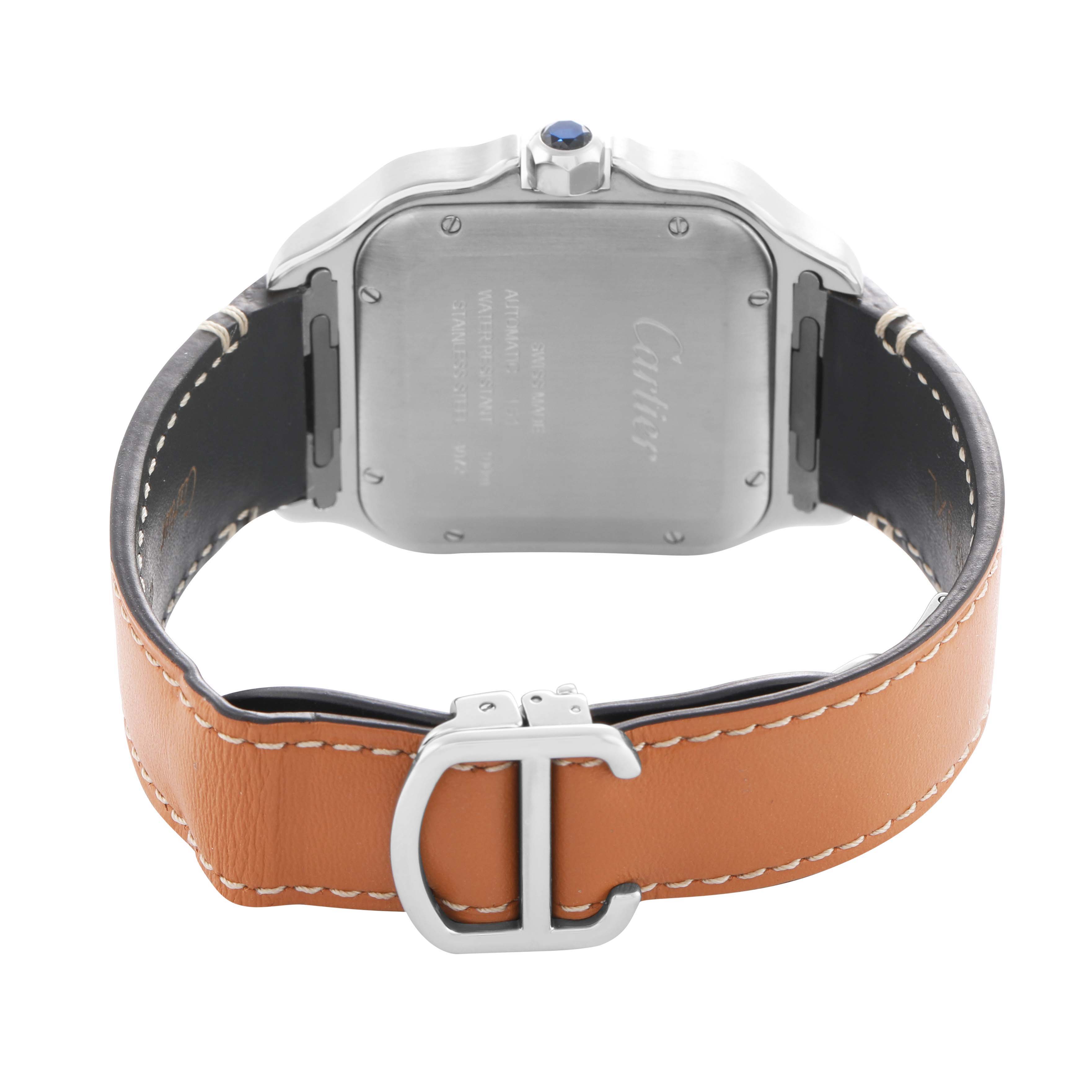 The image shows the back case, leather strap, and buckle of a Cartier Santos W2SA0006 Men's Steel and Gold (two tone) Silver Dial watch.