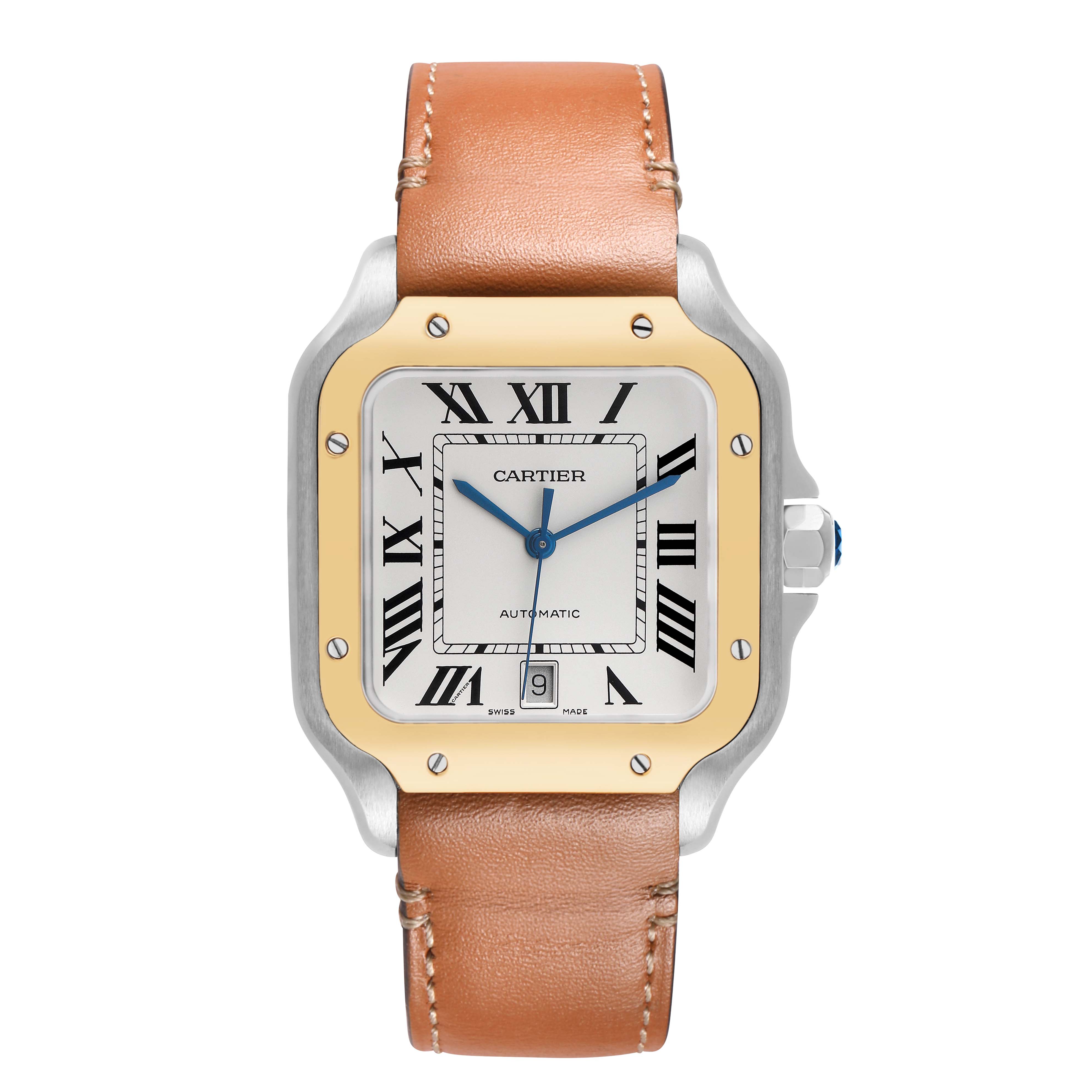 The Cartier Santos W2SA0006 Men's Steel and Gold (two tone) Silver Dial watch is shown from the front, highlighting its square face, Roman numerals, and leather strap.