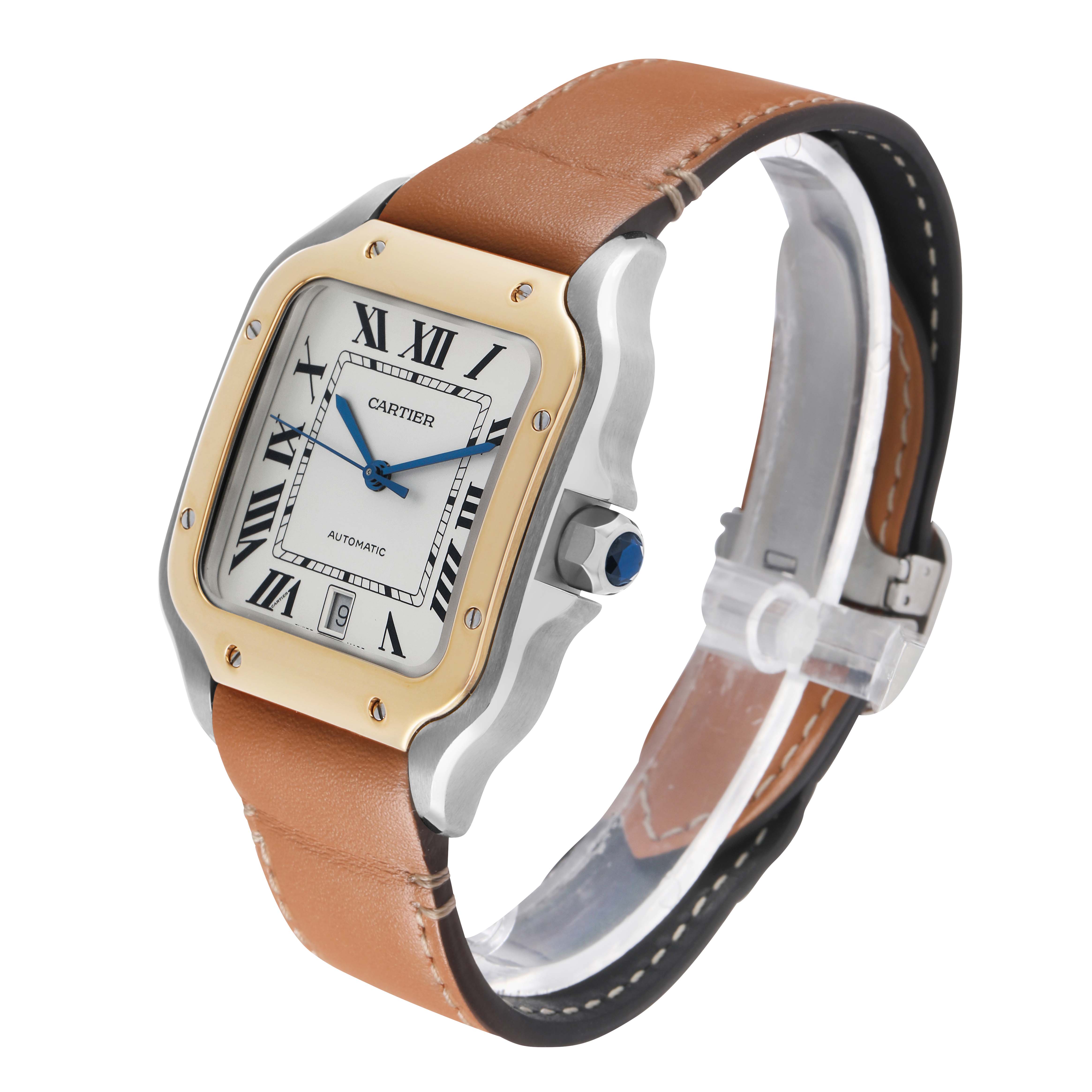 The Cartier Santos W2SA0006 Men's Steel and Gold (two tone) Silver Dial watch is shown at a three-quarter angle, highlighting its face, bezel, crown, and leather strap.