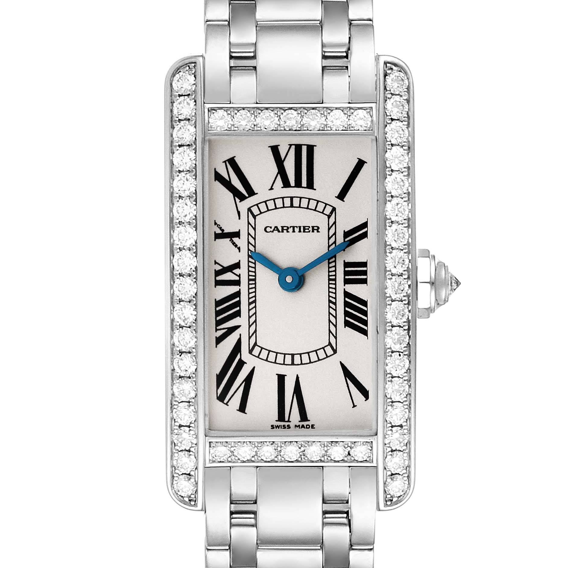 The image shows a frontal view of the Cartier Tank Americaine WB7073L1 Women's White Gold Silver Dial WB7073L1 Women's White Gold Silver Dial watch, highlighting its rectangular dial, Roman numerals, and diamond-studded bezel.