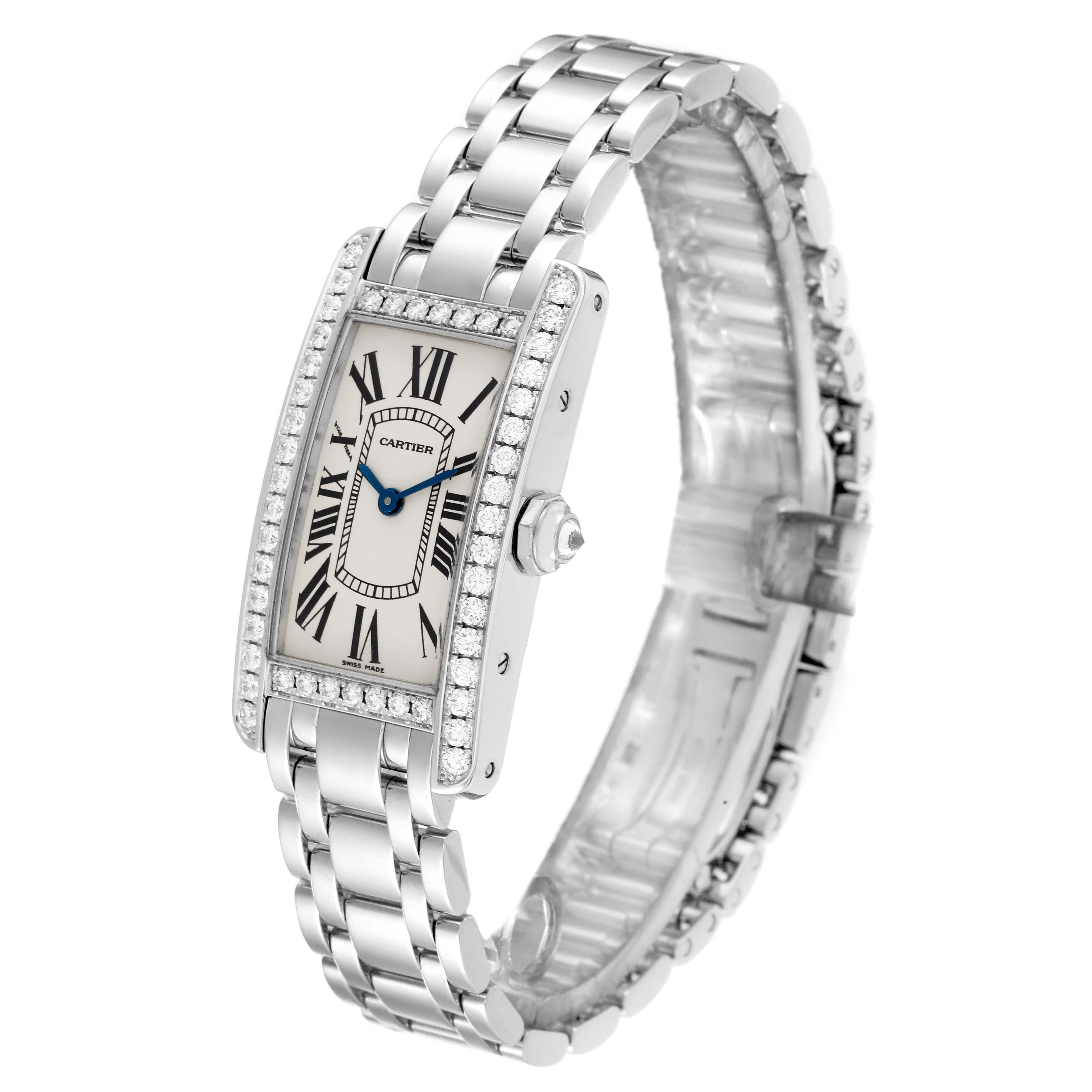 This Cartier Tank Americaine WB7073L1 Women's White Gold Silver Dial WB7073L1 Women's White Gold Silver Dial watch is shown at a slight angle showcasing its face, bezel, crown, and metal bracelet.