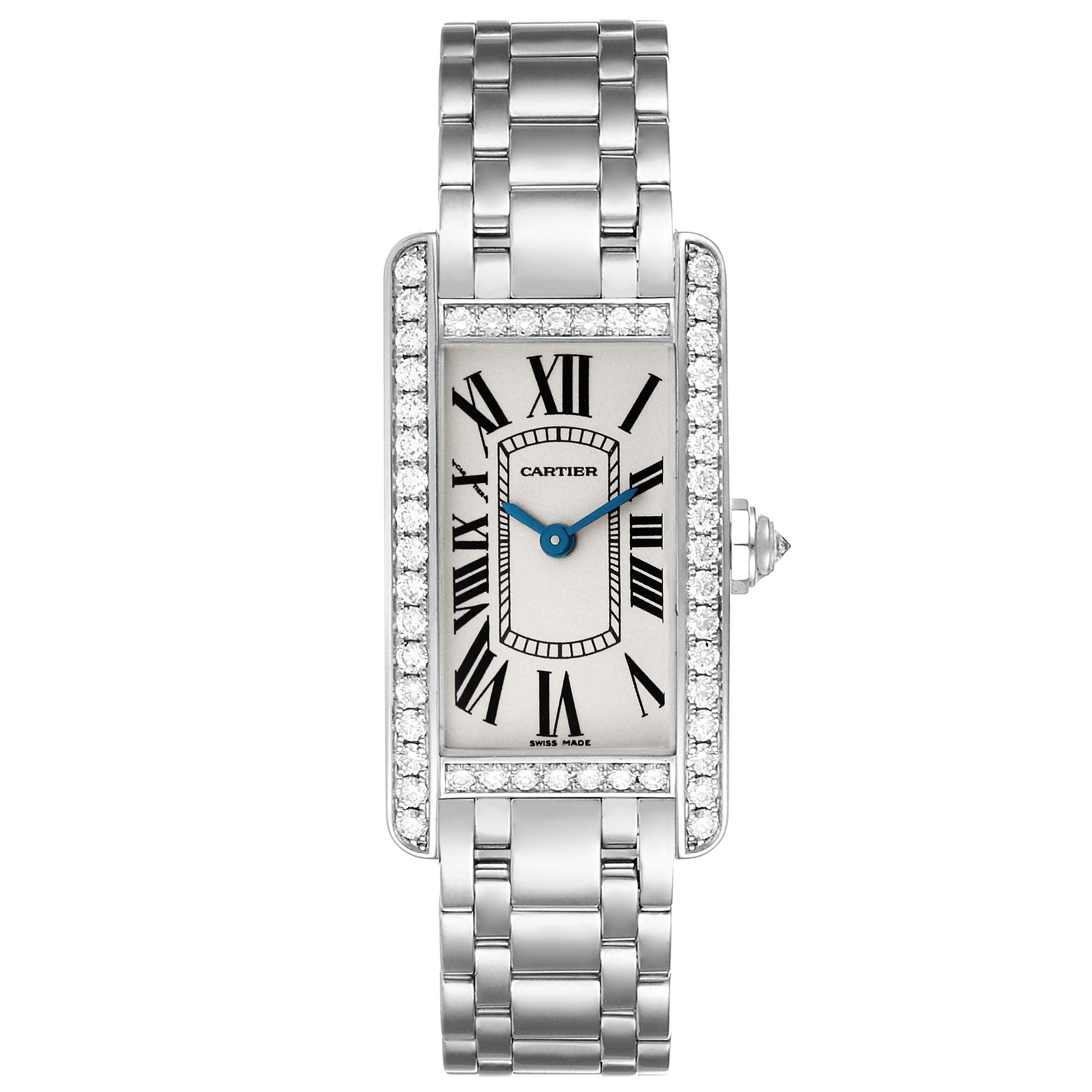 The image shows a front view of the Cartier Tank Américaine watch, highlighting the dial, bracelet, and diamond-set bezel.