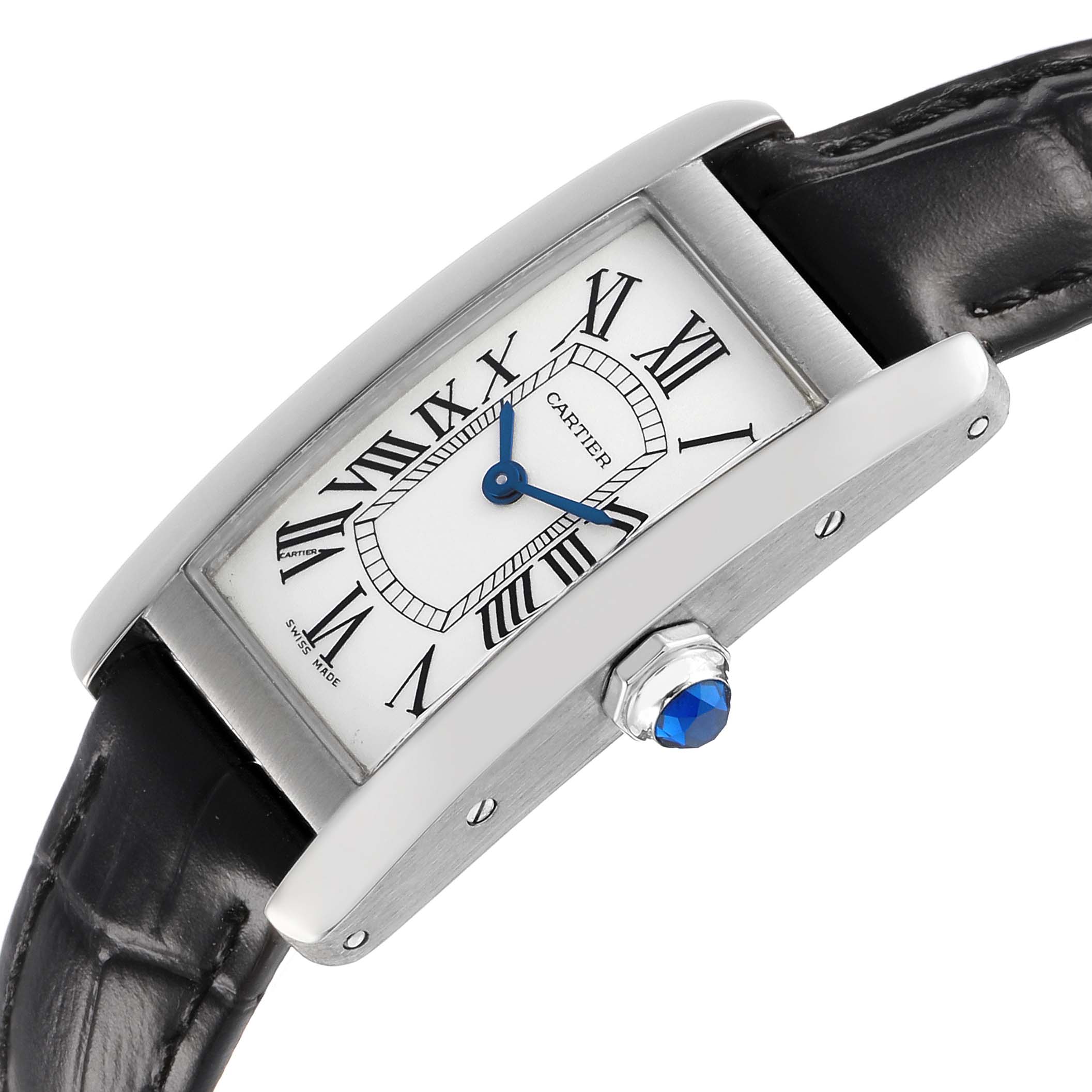 The Cartier Tank Americaine W2601956 Women's White Gold Silver Dial watch is shown at a side angle, highlighting its curved case, Roman numeral dial, and blue cabochon crown.