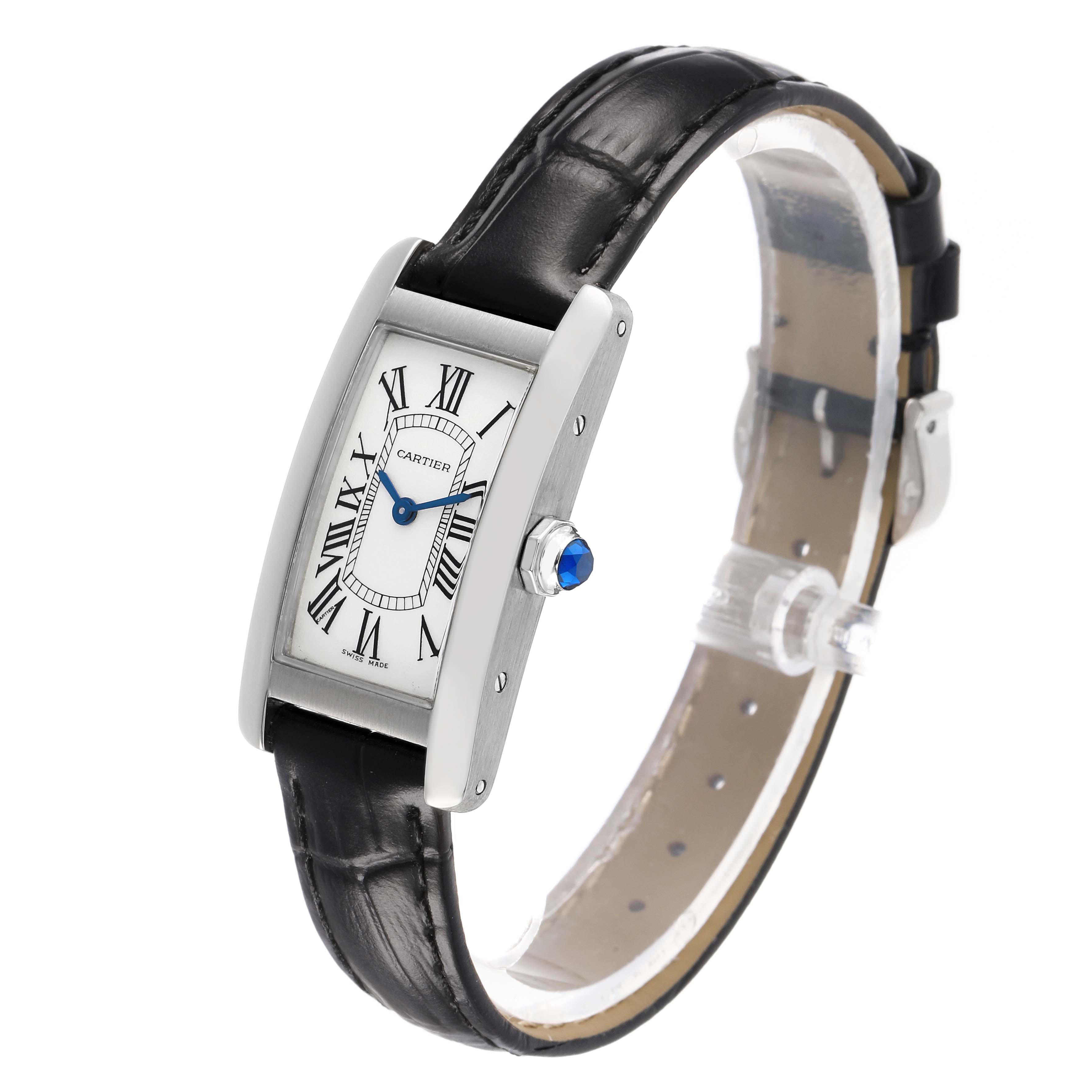 The Cartier Tank Americaine W2601956 Women's White Gold Silver Dial is shown at a slight angle, highlighting the rectangular face, Roman numerals, and leather strap.
