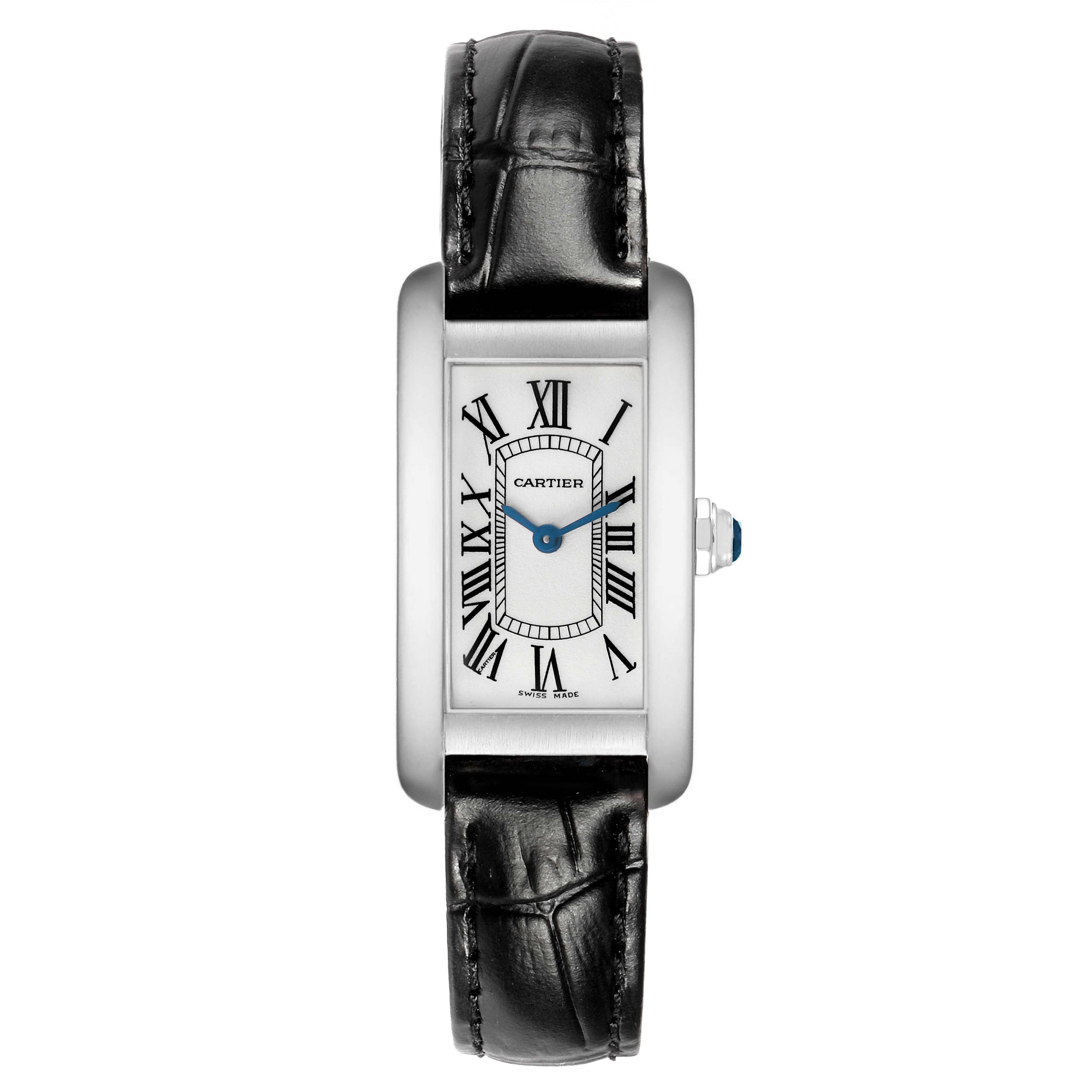 The Cartier Tank Americaine W2601956 Women's White Gold Silver Dial watch is shown from a top view, displaying the rectangular face, Roman numerals, and black leather strap.