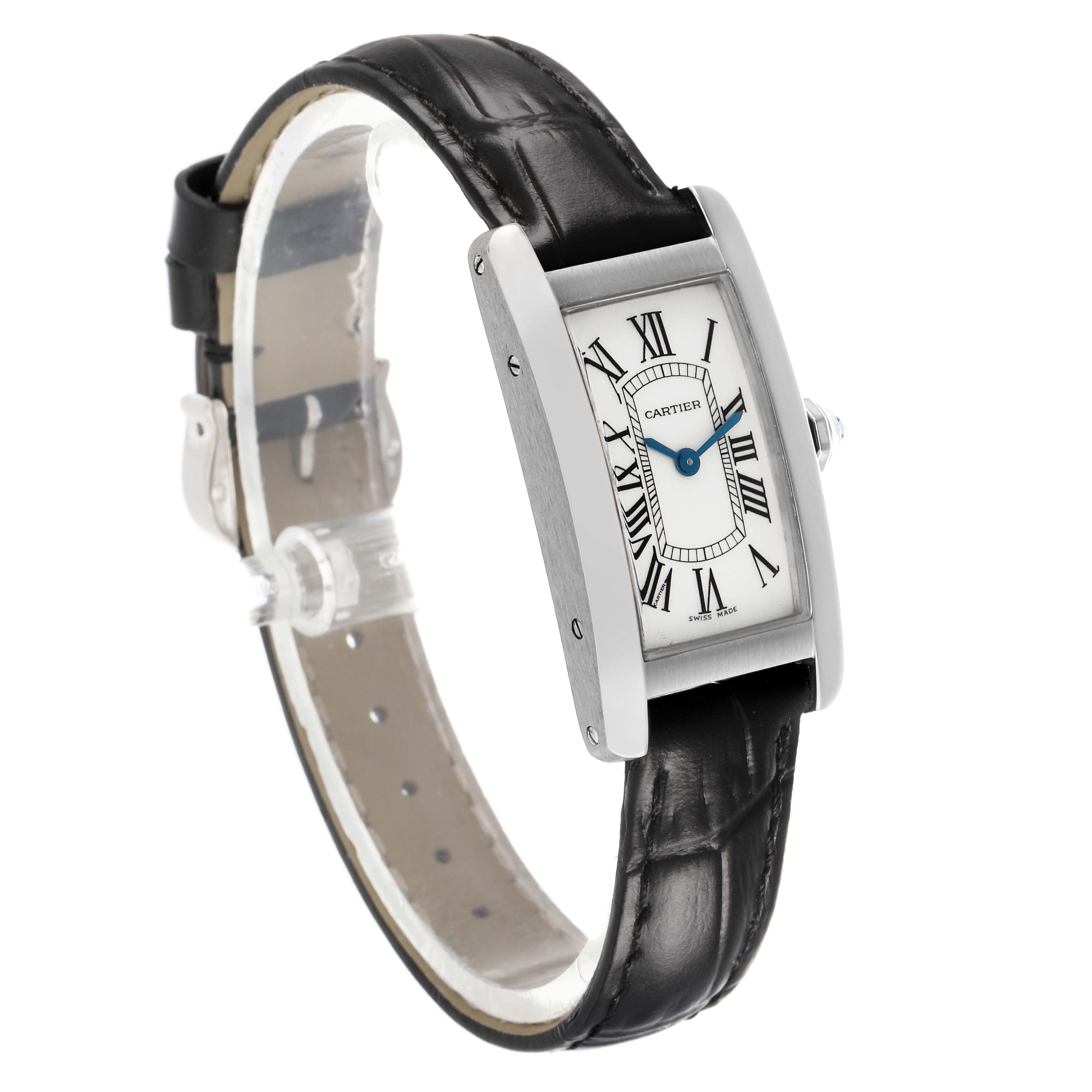 The Cartier Tank Americaine W2601956 Women's White Gold Silver Dial watch is shown at a slight angle, displaying the face, case, and strap.
