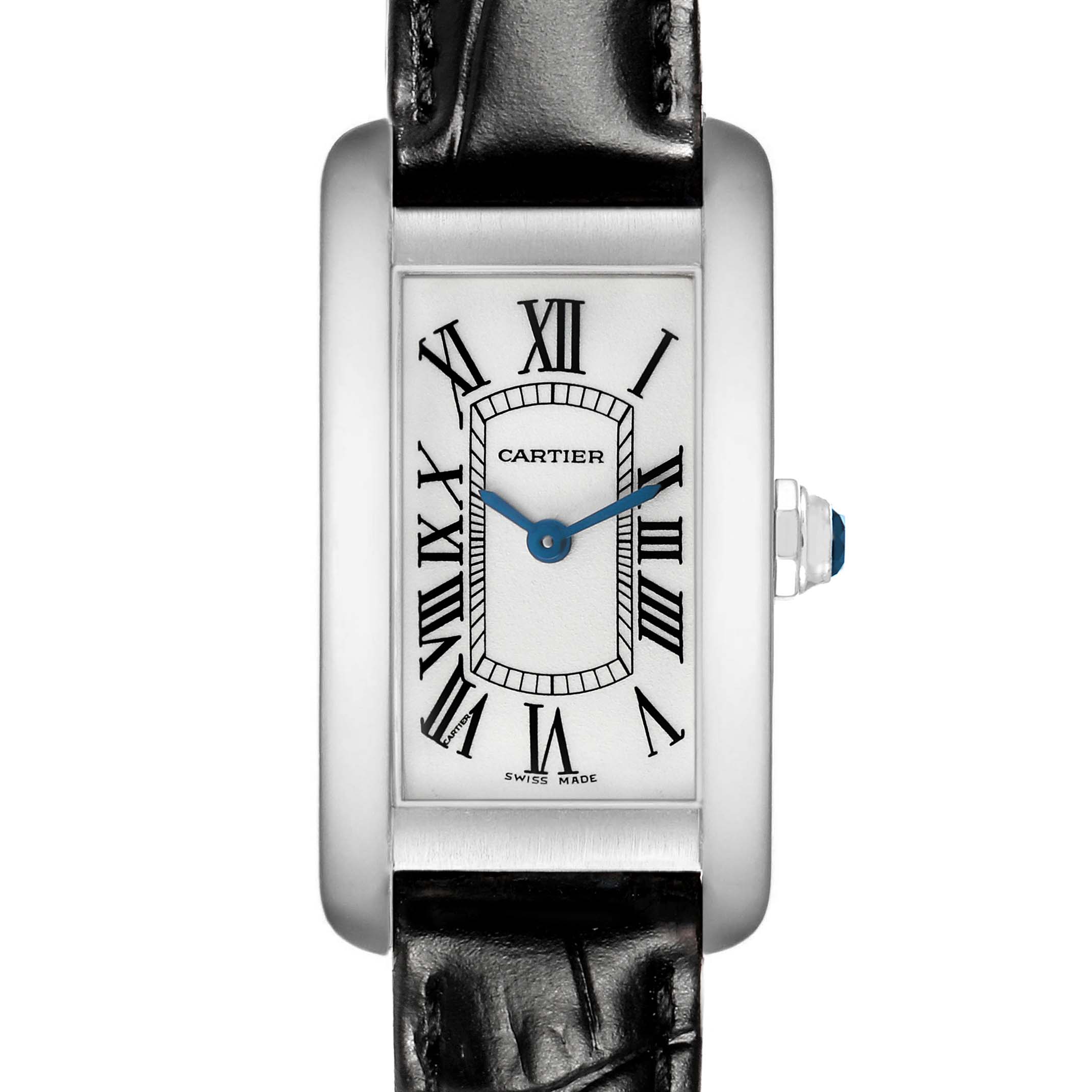The Cartier Tank Americaine W2601956 Women's White Gold Silver Dial watch is shown from a front angle, highlighting the rectangular case, Roman numerals, and leather strap.