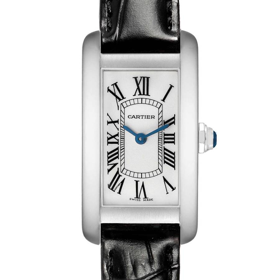 The Cartier Tank Americaine W2601956 Women's White Gold Silver Dial watch is shown from a front angle, highlighting the rectangular case, Roman numerals, and leather strap.