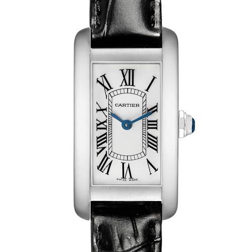 The Cartier Tank Americaine W2601956 Women's White Gold Silver Dial watch is shown from a front view, displaying the face, Roman numerals, and blue hands, with a leather strap.