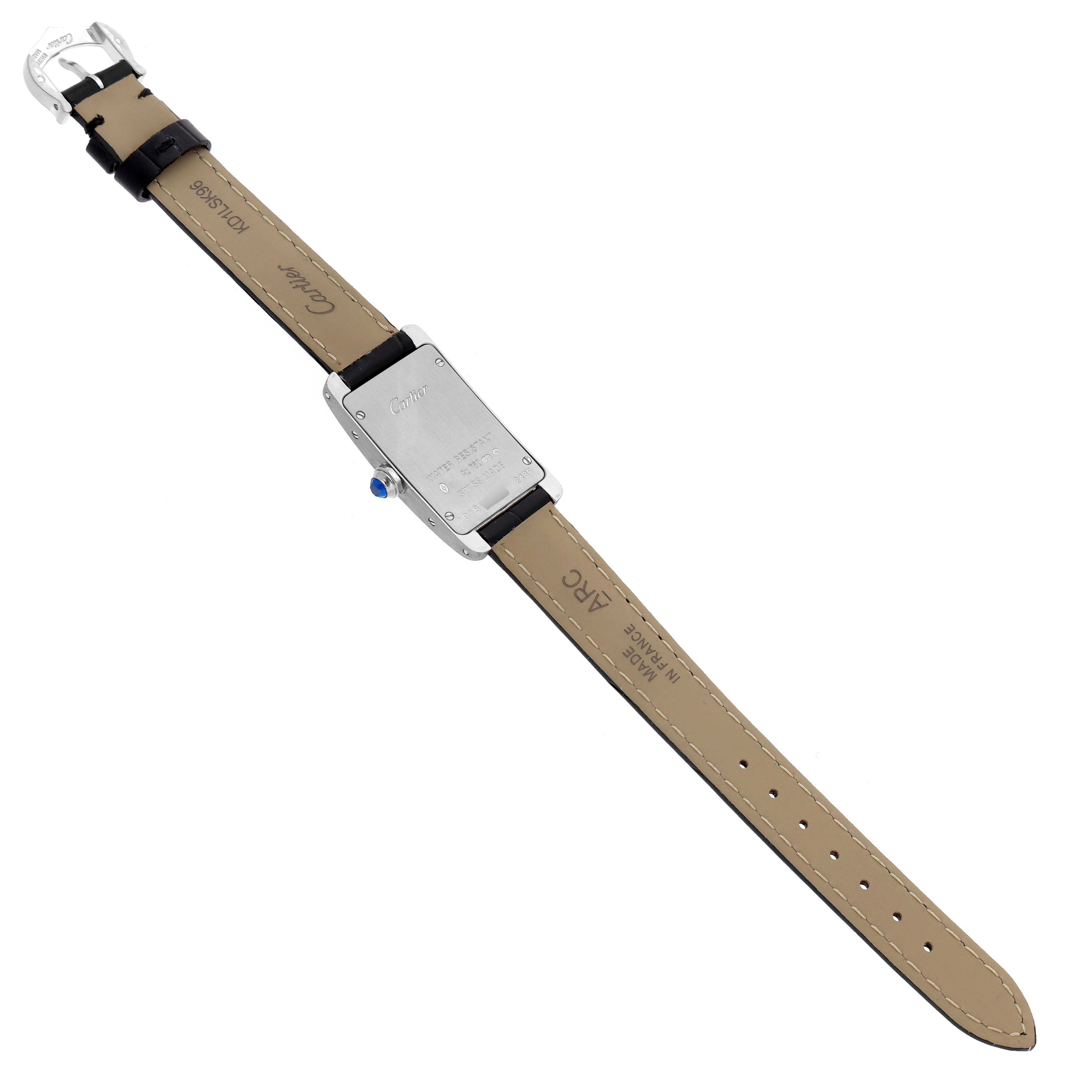 The image shows the back view of a Cartier Tank Americaine W2601956 Women's White Gold Silver Dial watch, highlighting the case back, leather strap, and buckle.