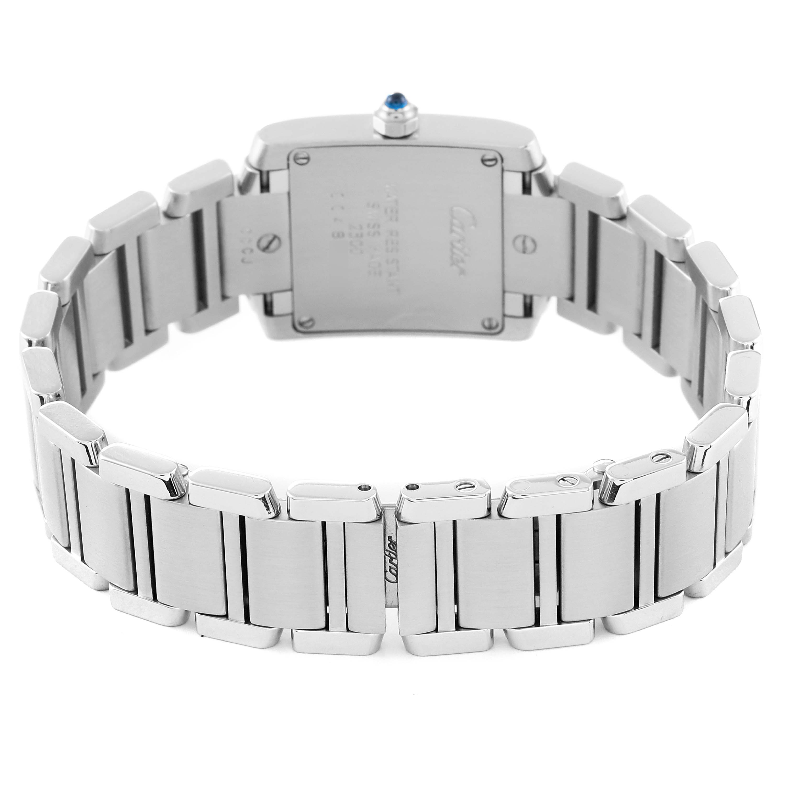 The image shows the back view of a Cartier Tank Francaise W51008Q3 Women
s Stainless Steel Silver Dial W51008Q3 Women
s Stainless Steel Silver Dial watch, highlighting the stainless steel bracelet and case.