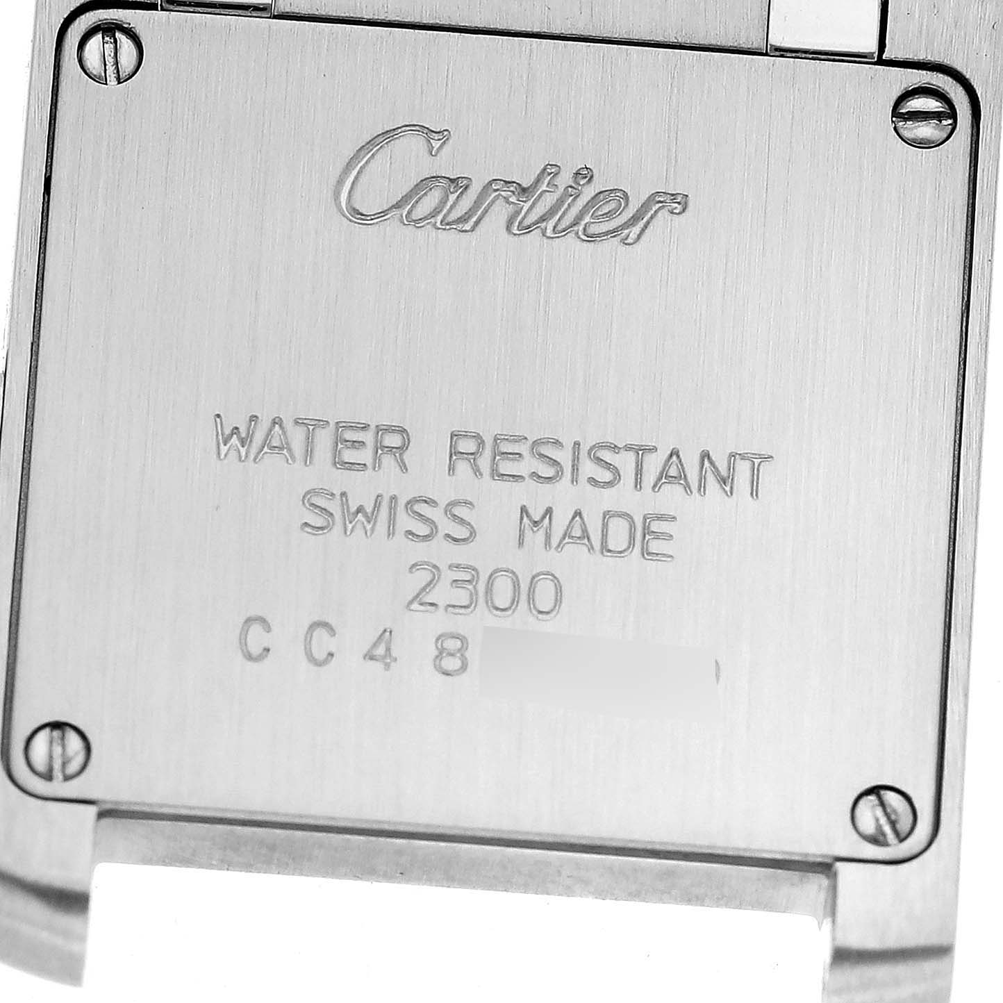 This image shows the back case of a Cartier Tank Francaise W51008Q3 Women
s Stainless Steel Silver Dial W51008Q3 Women
s Stainless Steel Silver Dial watch, displaying the brand logo and specifications.