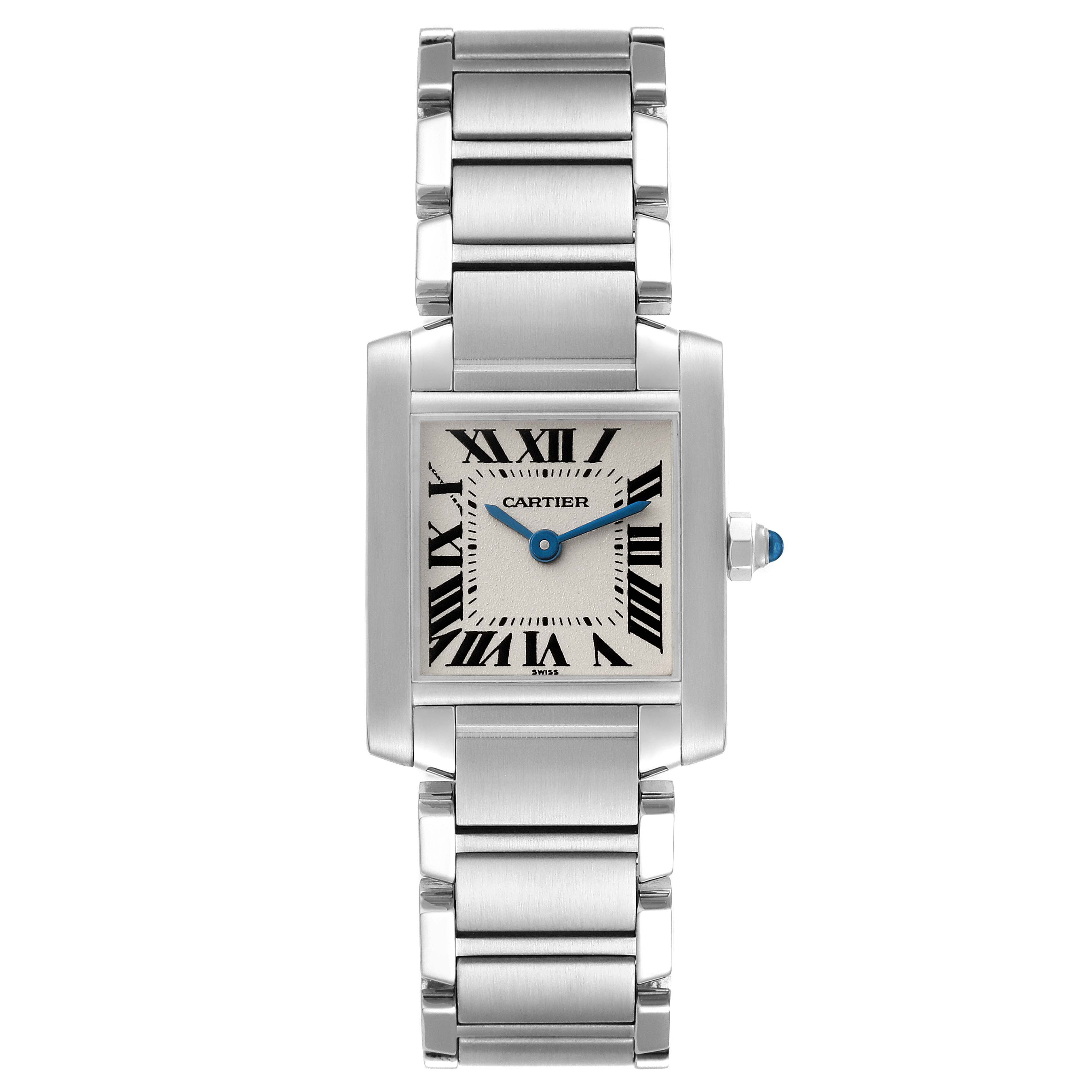 The image shows a front view of a Cartier Tank Française watch, highlighting the rectangular face, Roman numerals, and metal bracelet.