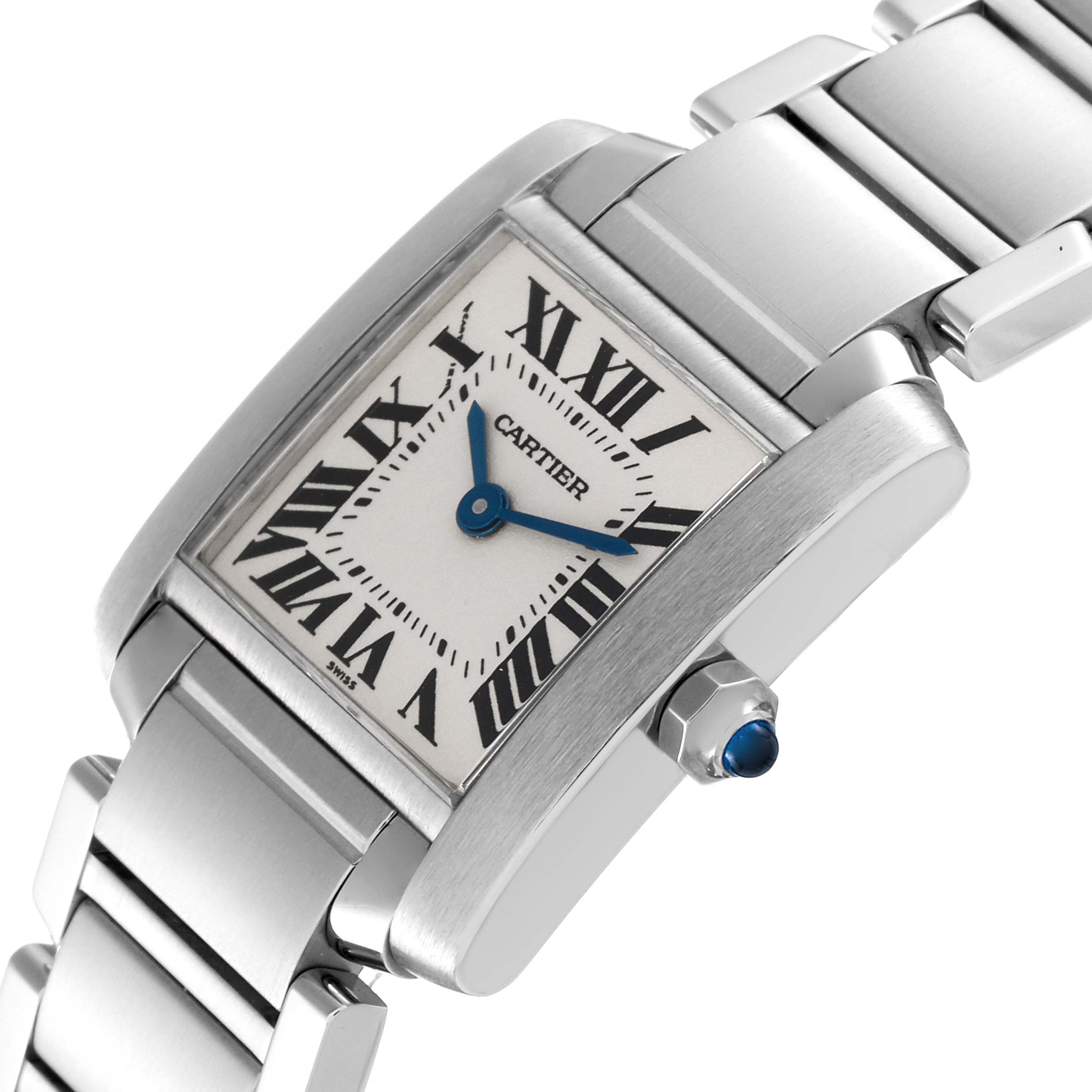 This Cartier Tank Francaise W51008Q3 Women
s Stainless Steel Silver Dial W51008Q3 Women
s Stainless Steel Silver Dial watch is shown from an angled close-up, highlighting its face, bracelet, and sapphire crown.