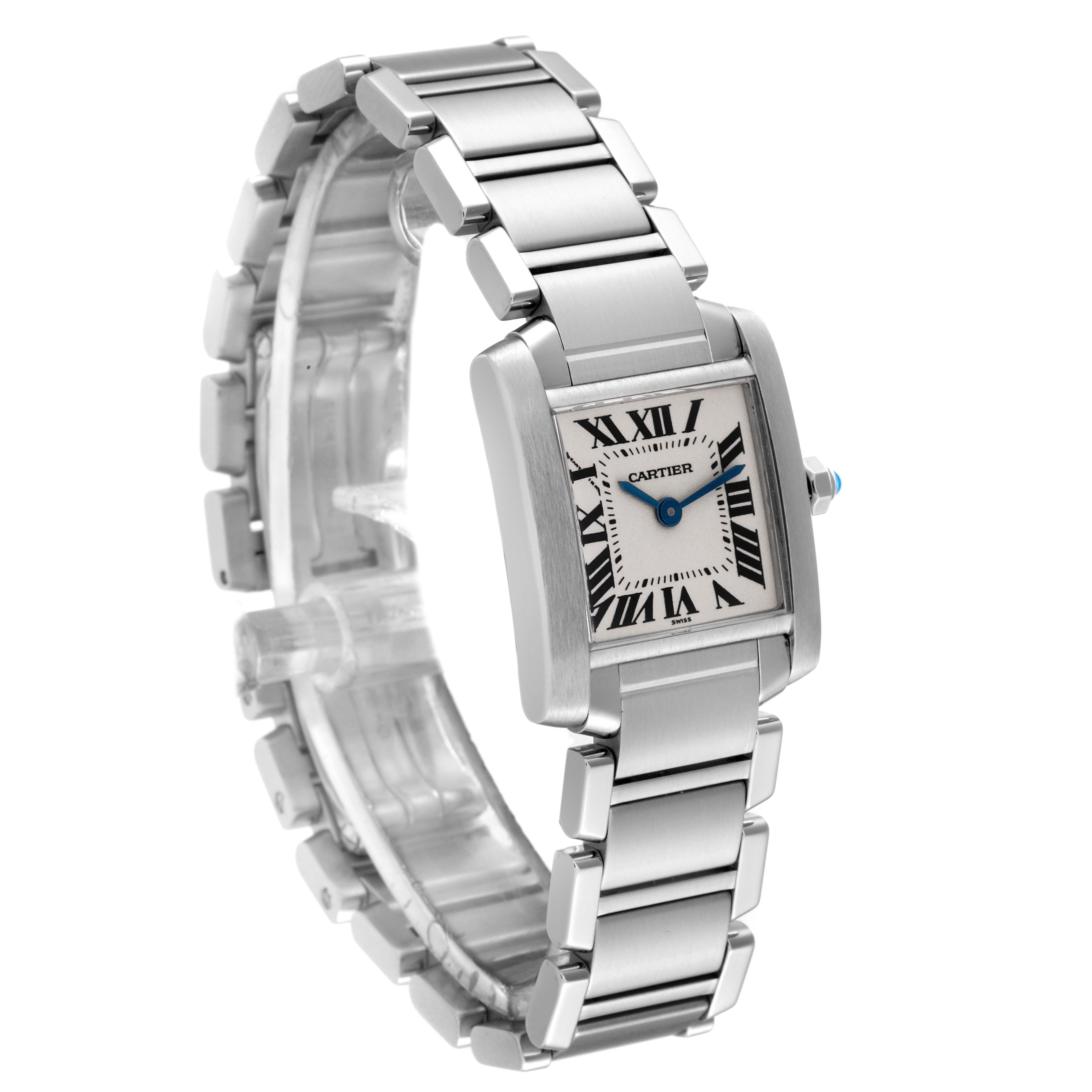 This image features a Cartier Tank Française watch with a clear view of its rectangular face, metal bracelet, and side profile.