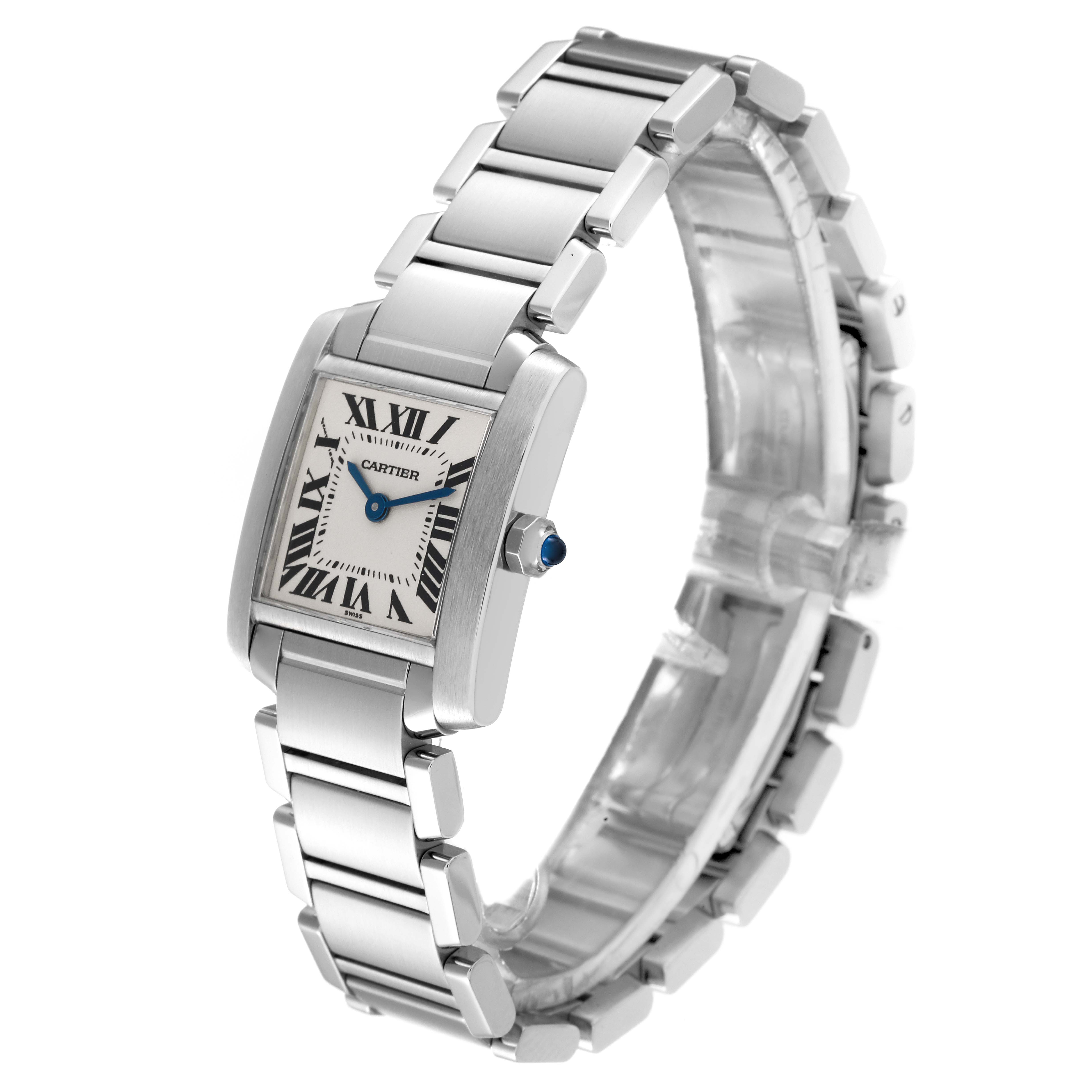 The Cartier Tank Francaise W51008Q3 Women
s Stainless Steel Silver Dial W51008Q3 Women
s Stainless Steel Silver Dial watch is shown at an angled view, displaying its face, bracelet, and side crown.