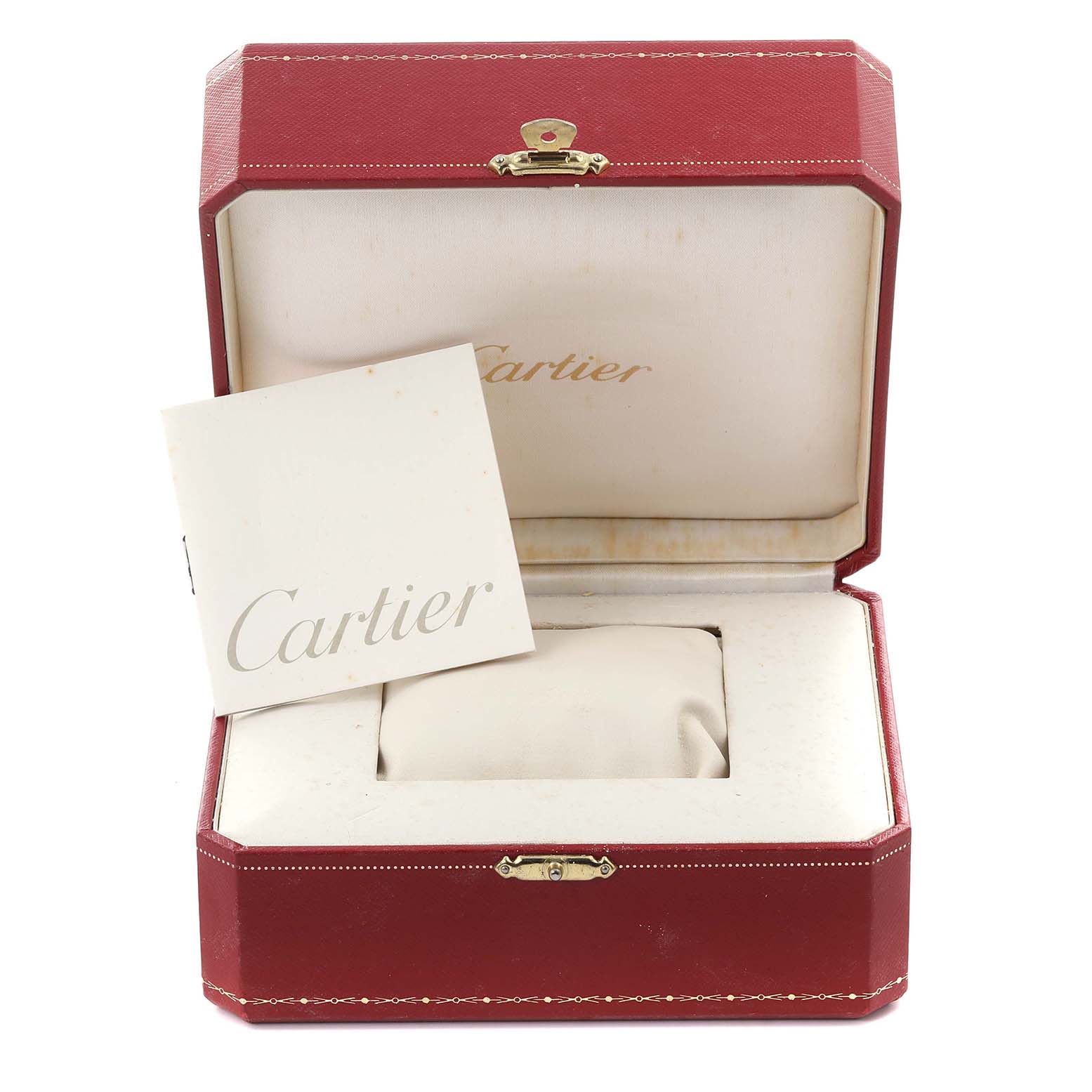 The image shows a Cartier Tank Francaise W51007Q4 Women's Steel and Gold (two tone) Silver Dial W51007Q4 Women's Steel and Gold (two tone) Silver Dial box with an instruction booklet and pillow insert, viewed from the front.