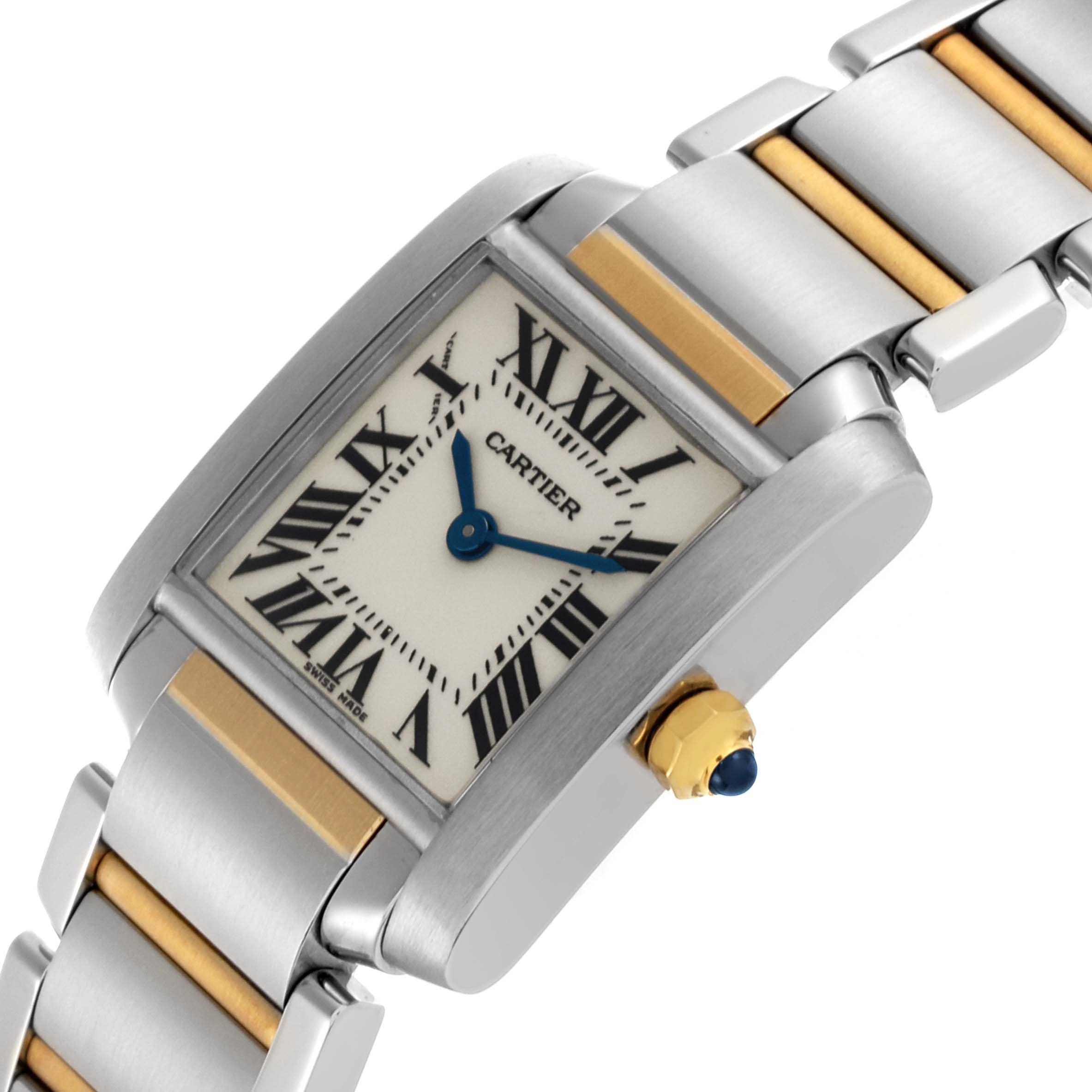 The Cartier Tank Française watch is shown at an angled view displaying the face, crown, and two-tone bracelet.