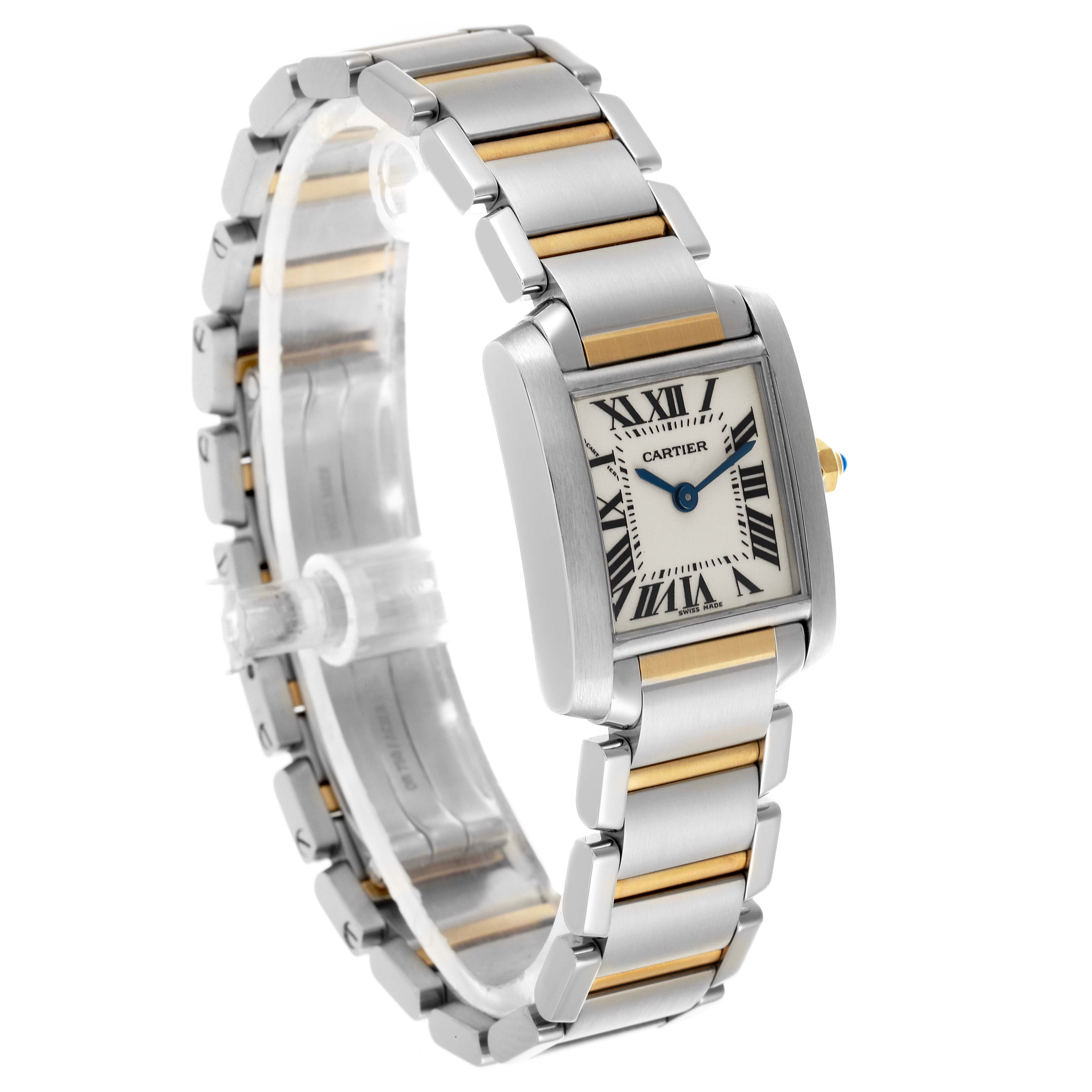 The Cartier Tank Francaise W51007Q4 Women's Steel and Gold (two tone) Silver Dial W51007Q4 Women's Steel and Gold (two tone) Silver Dial watch is shown at a slight angle, displaying the bracelet, face, and crown.